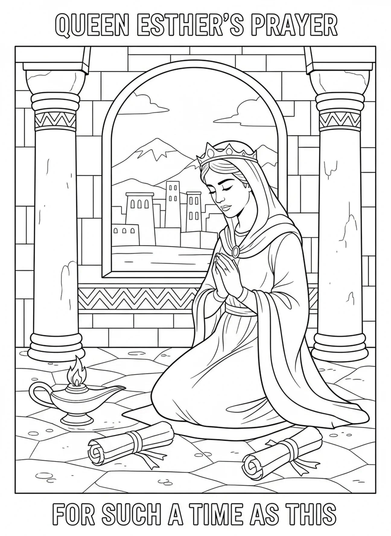 Reine Esther en prière, page à colorier Reine Esther pour les enfants de l'École du dimanche âgés de 5 à 12 ans