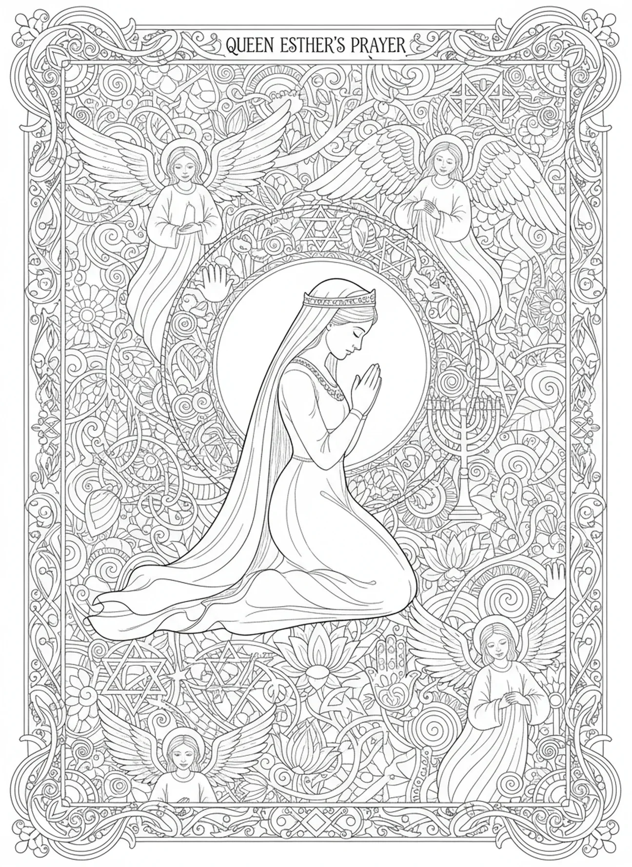 Esther en prière, page à colorier Esther pour le journaling biblique pour adultes