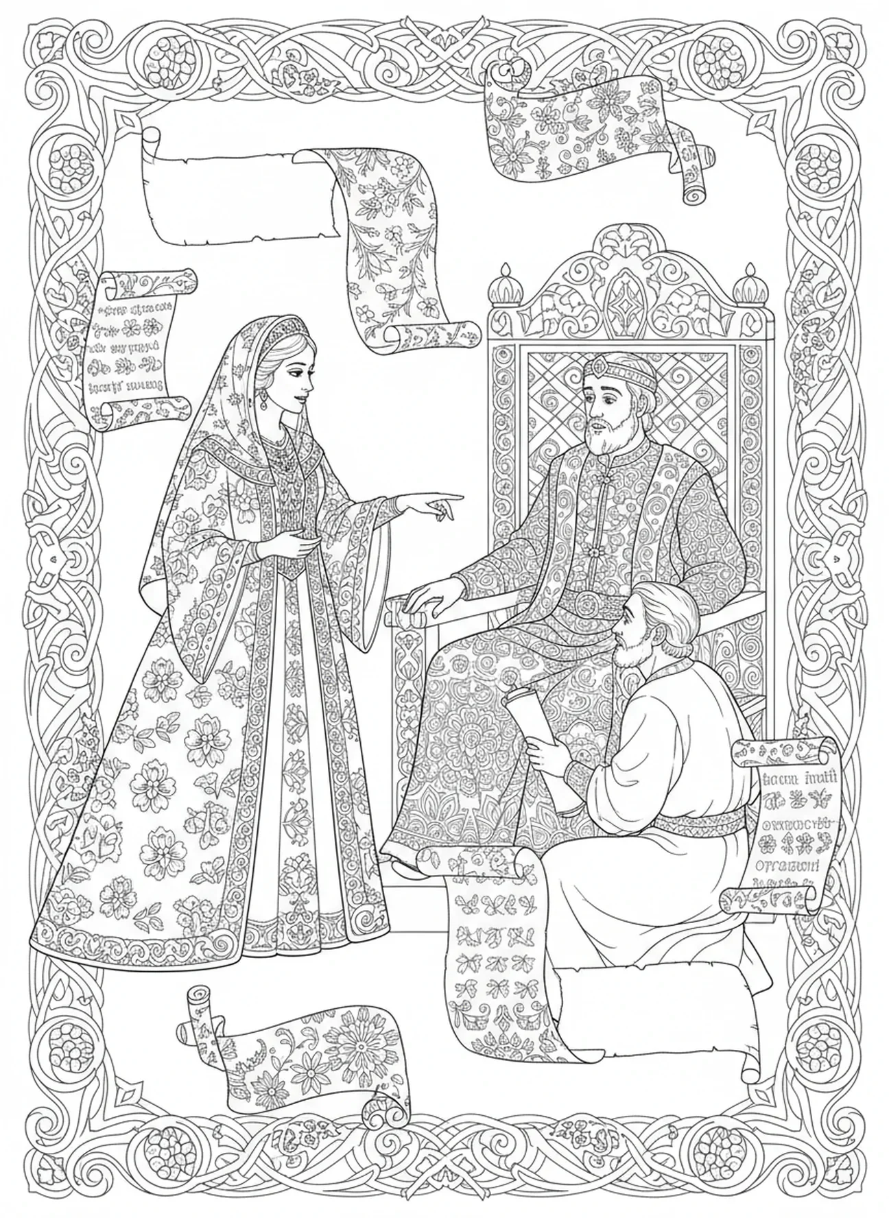Esther révélant le complot, page à colorier Esther pour le journaling biblique style adulte
