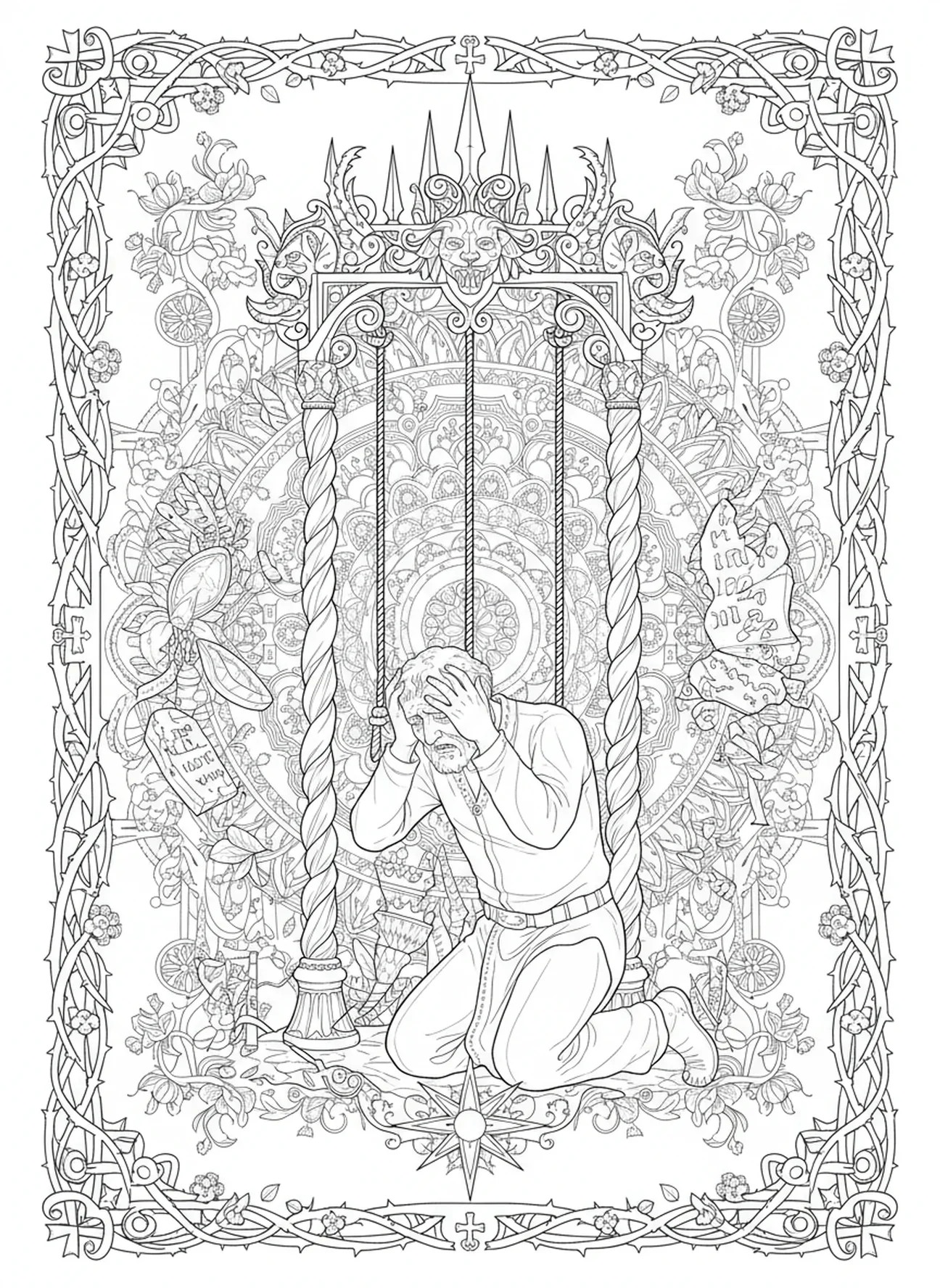Haman en détresse, page à colorier Esther pour adultes dans un style de journal biblique