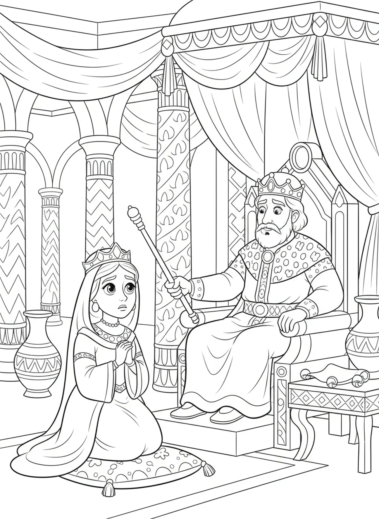 Esther à genoux, page à colorier Esther pour enfants de 5 à 10 ans