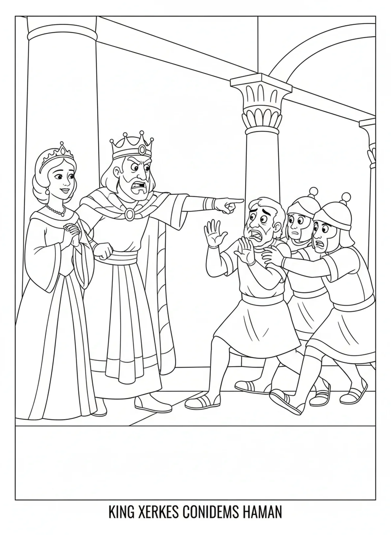 Le roi Xerxès désignant Haman, page à colorier Esther pour les enfants de 5 à 10 ans