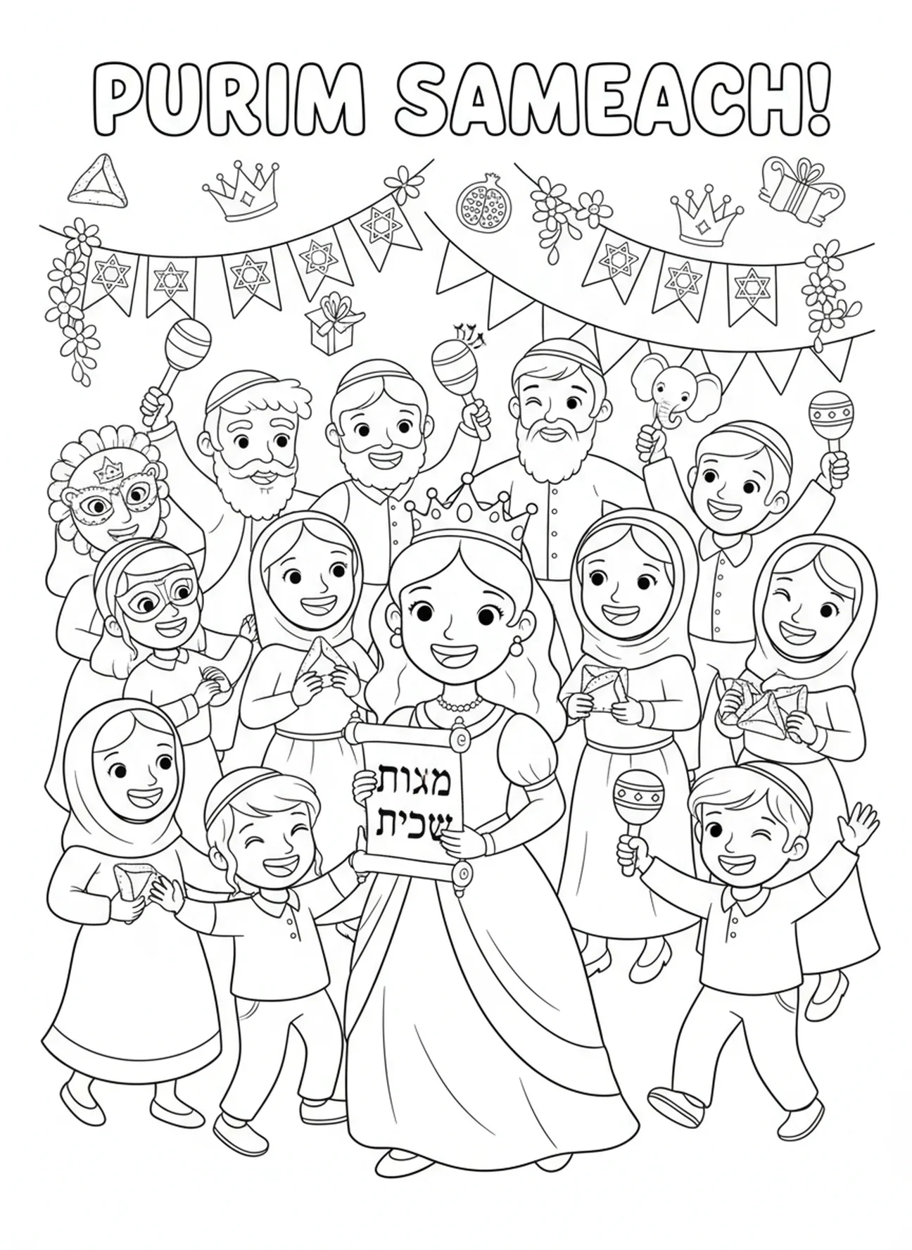 Familles juives célébrant, page à colorier sur Esther pour enfants de 5 à 10 ans
