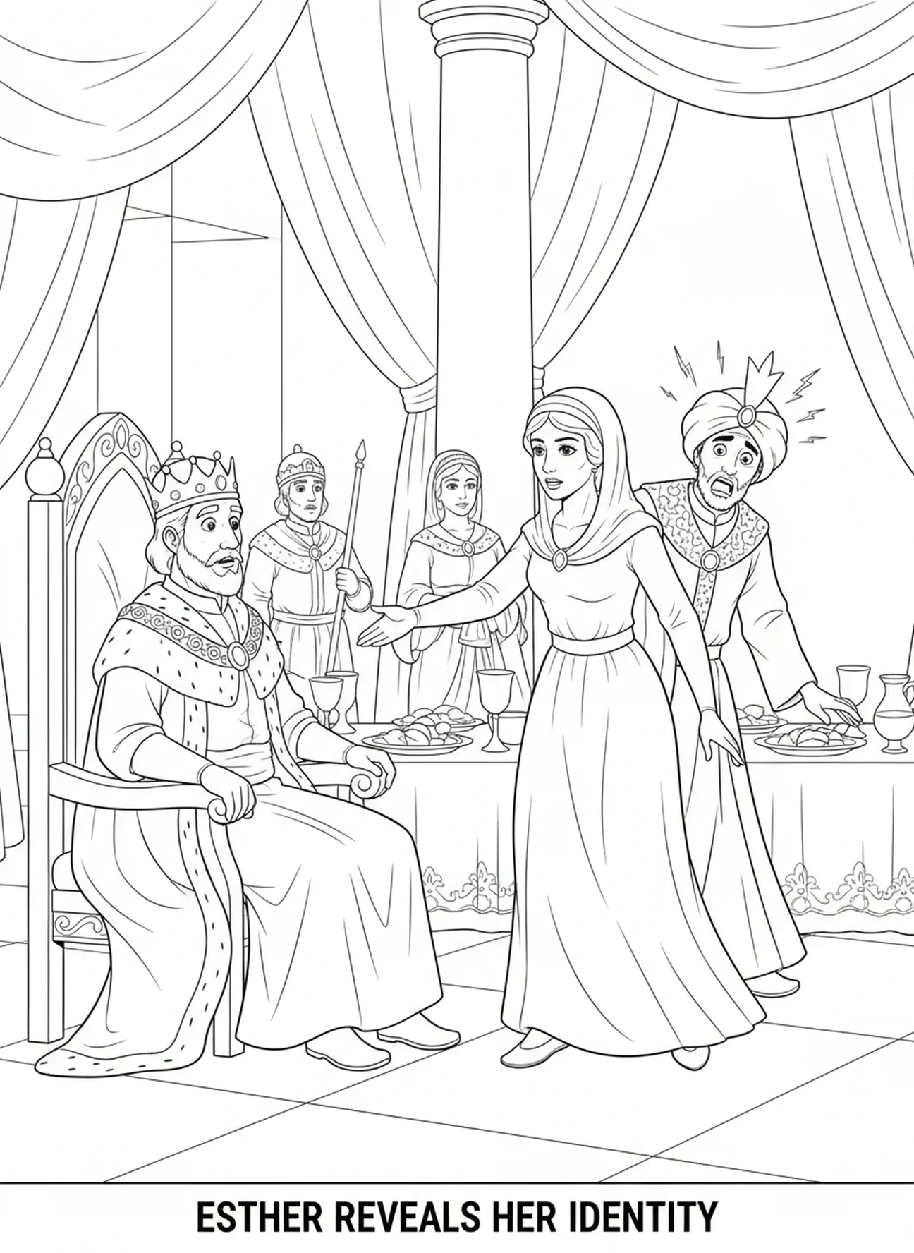 Esther révélant son identité, page à colorier Esther pour les enfants de 5 à 10 ans