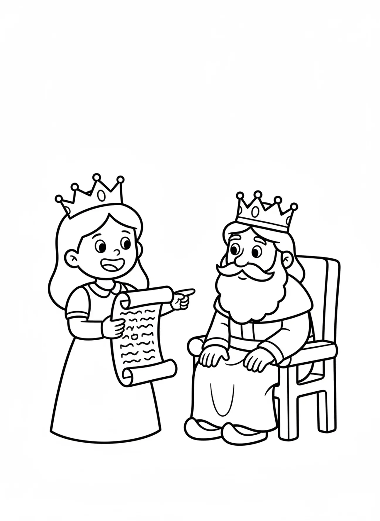 Lächelnde Esther zeigt auf eine Schriftrolle, Ausmalbild von Esther für Vorschulkinder im Alter von 3-5 Jahren