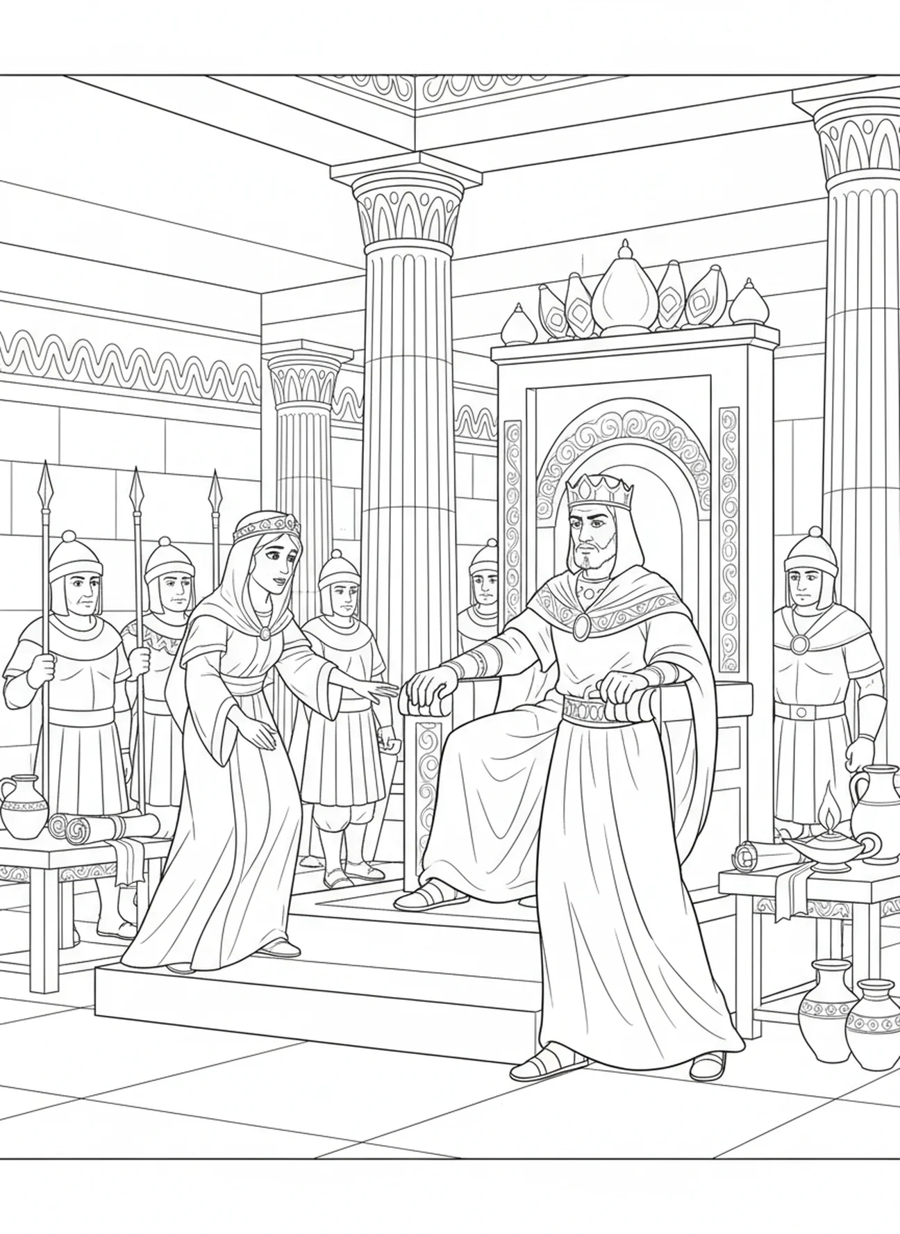 Esther nähert sich König Xerxes, Ausmalbild für die Sonntagsschule für Kinder im Alter von 5-12 Jahren.