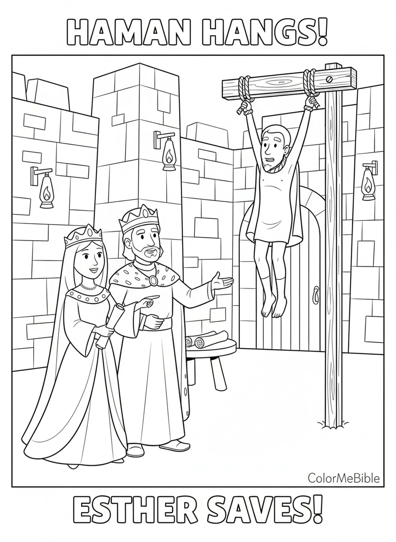 Haman am Galgen, Ausmalbild für die Sonntagsschule für Kinder im Alter von 5-12 Jahren.