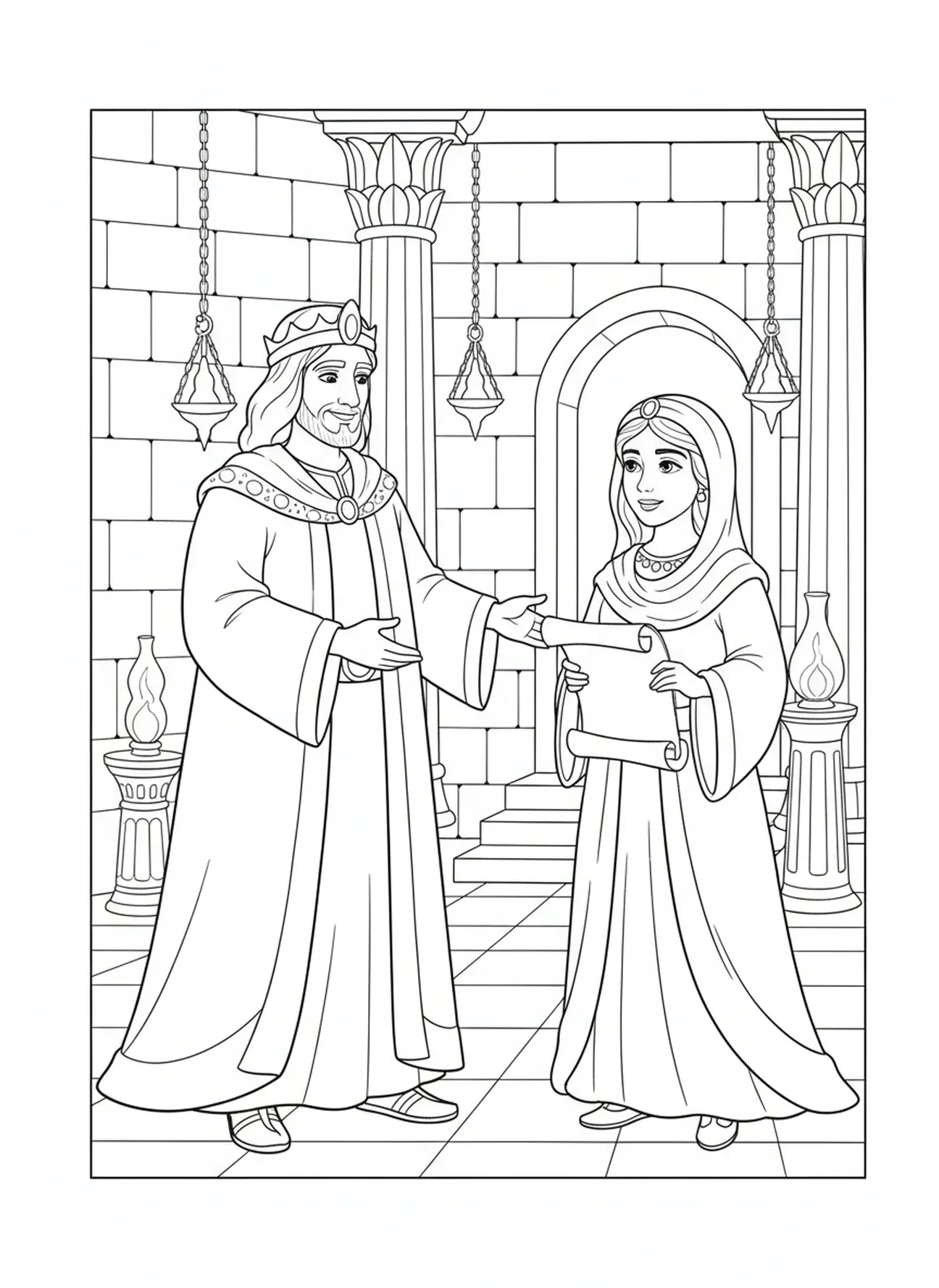 König Xerxes gewährt die Bitte, Ausmalbild von Esther für Sonntagsschulkinder im Alter von 5-12 Jahren.