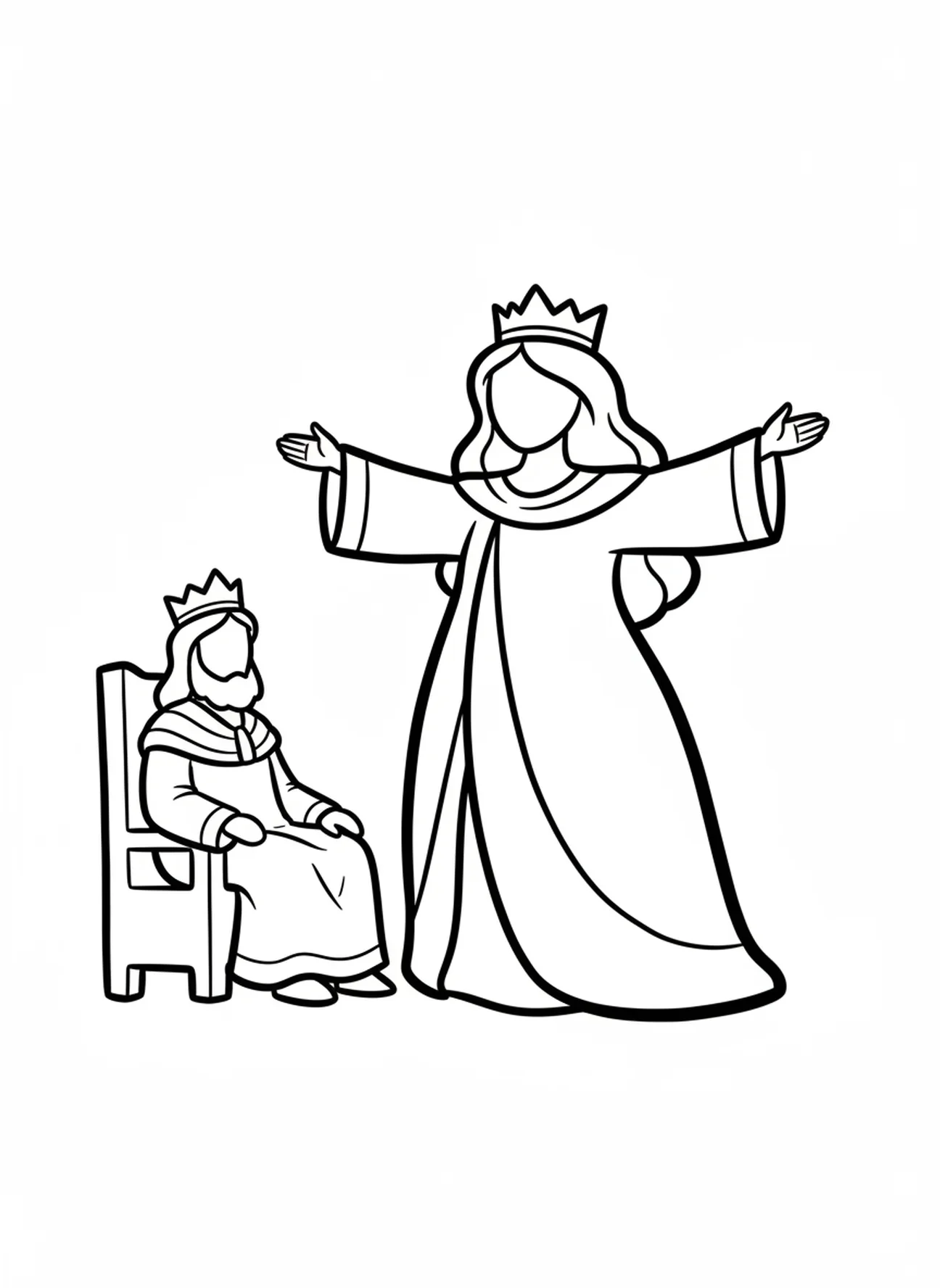 Esther, die beim König Xerxes fleht, Ausmalbild für Kleinkinder im Alter von 2-3 Jahren.