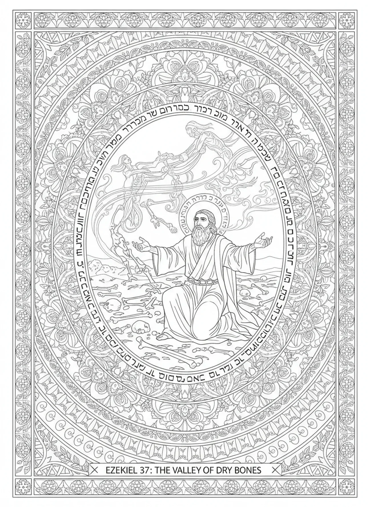 Ézéchiel témoignant d'une vision, page à colorier des Os Secs pour adultes dans un style de journal biblique