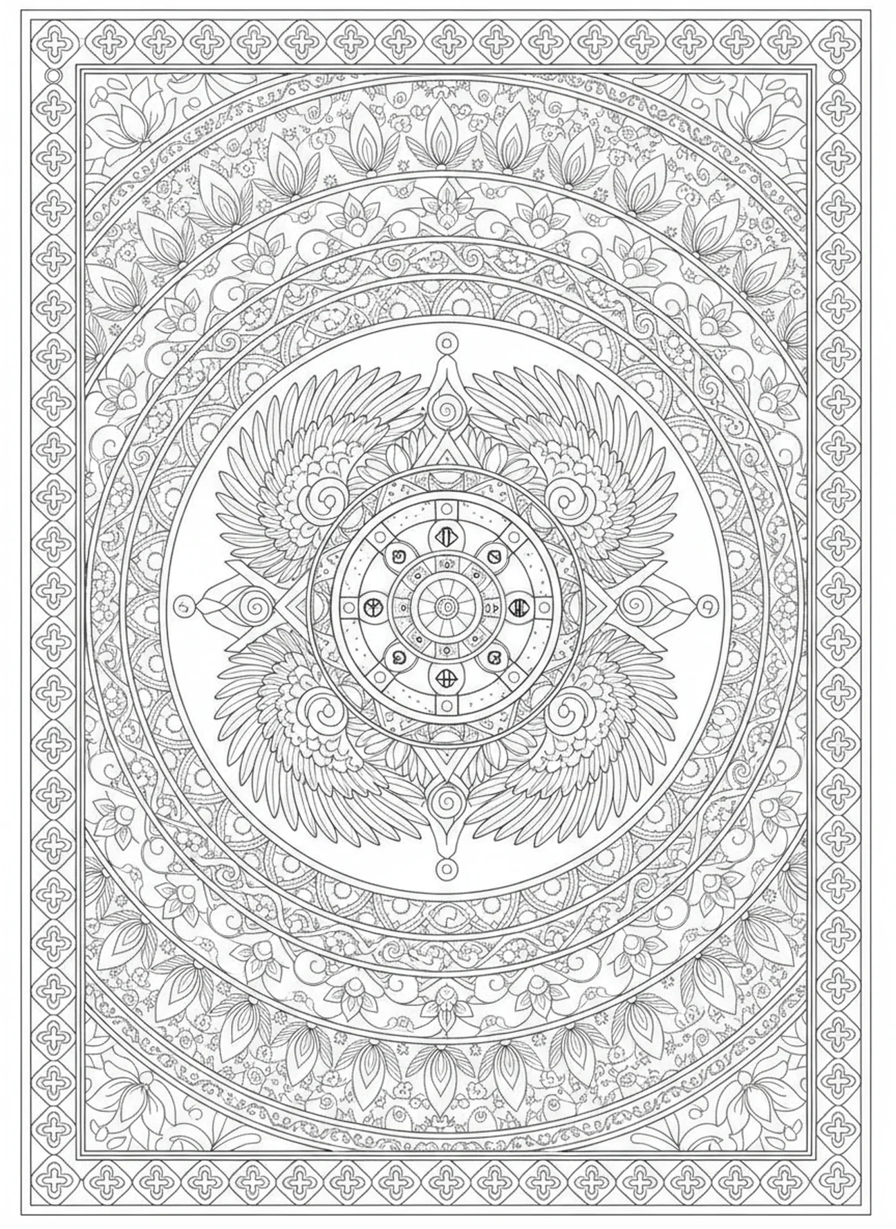 Cherubim umgeben das Rad, Ausmalbild für Erwachsene im Bibel-Journaling-Stil