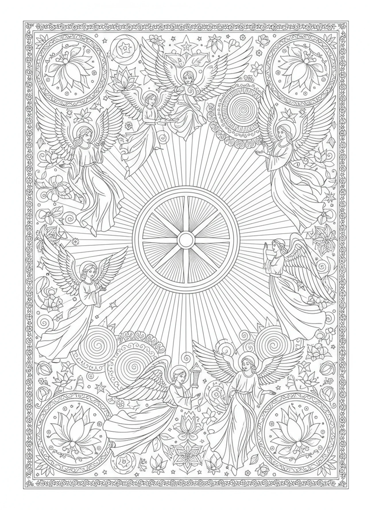 Strahlendes Licht, Ezechiels Rad Ausmalbild für Erwachsene im Bibel-Journaling-Stil