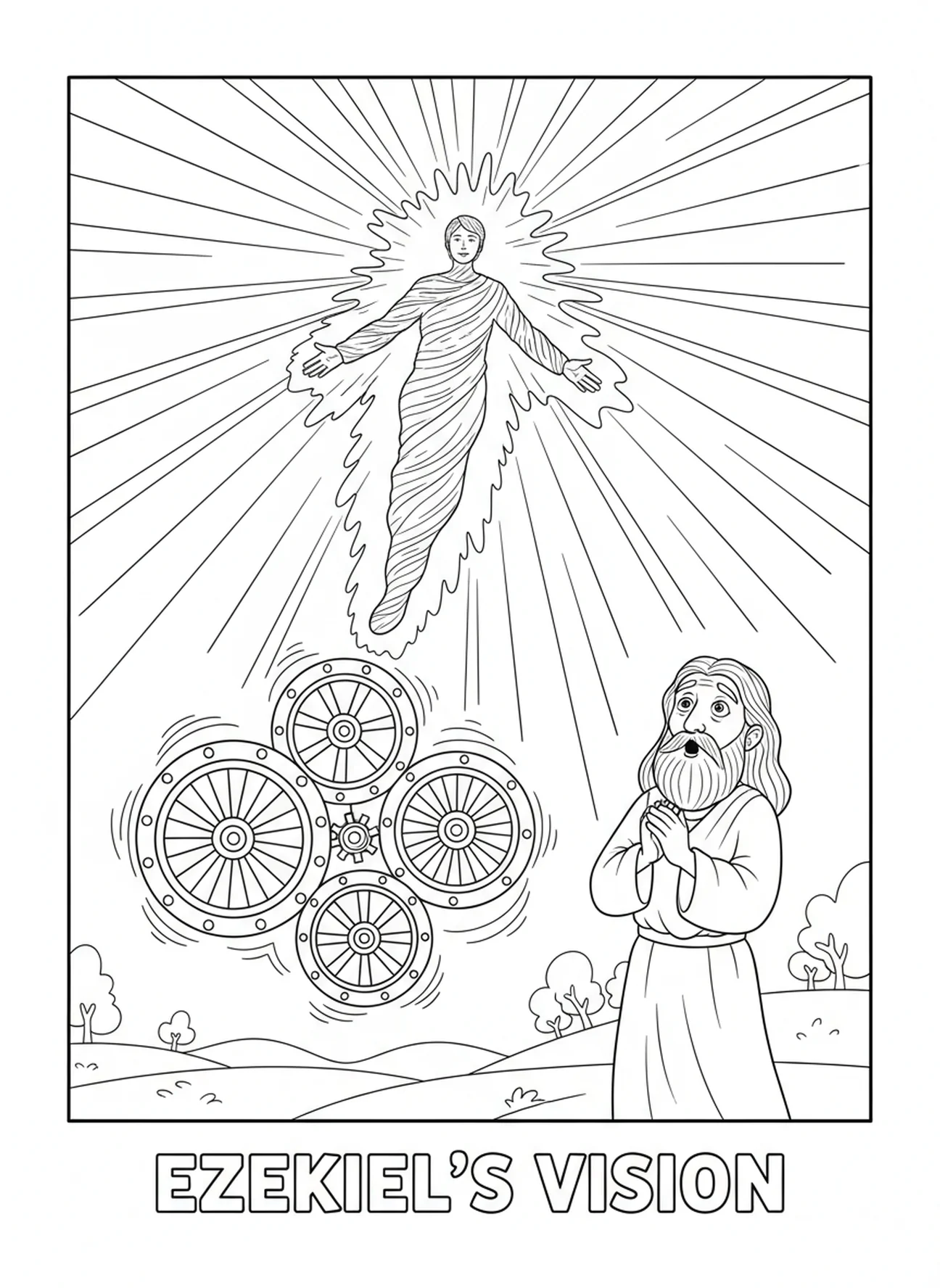 Heller Geist, der über den Rädern aufsteigt, Ausmalbild von Ezechiels Rad für Kinder im Alter von 5-10 Jahren.
