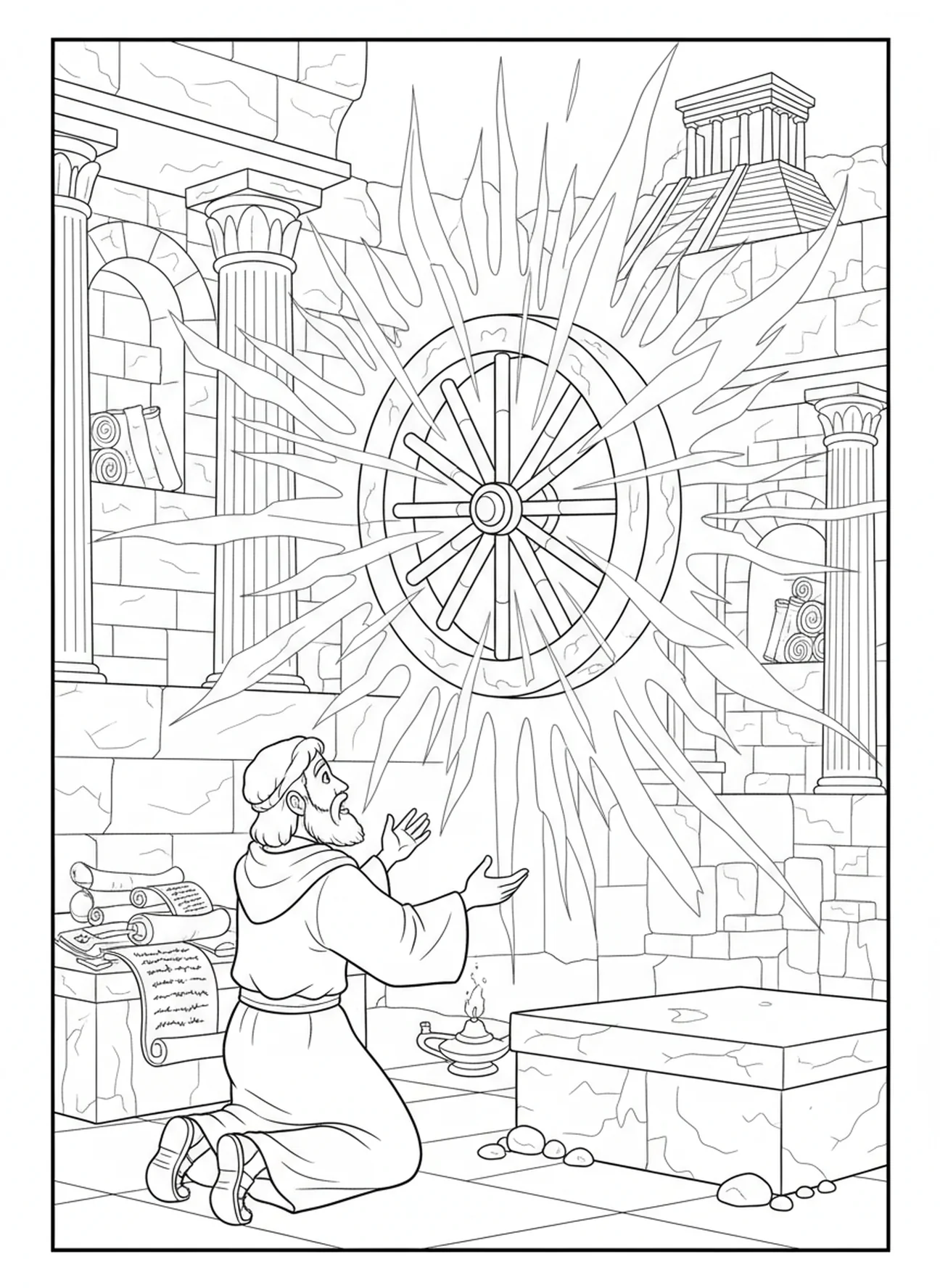 Lumière radieuse provenant de la roue, page à colorier de la roue d'Ézéchiel pour les enfants de l'École du dimanche âgés de 5 à 12 ans.