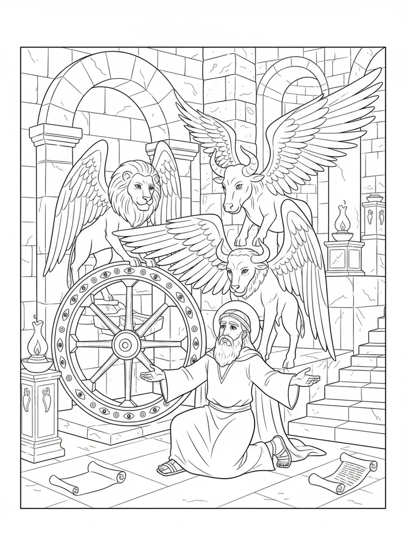 Quatre créatures vivantes, page à colorier de la Roue d'Ézéchiel pour les enfants de l'École du dimanche âgés de 5 à 12 ans.