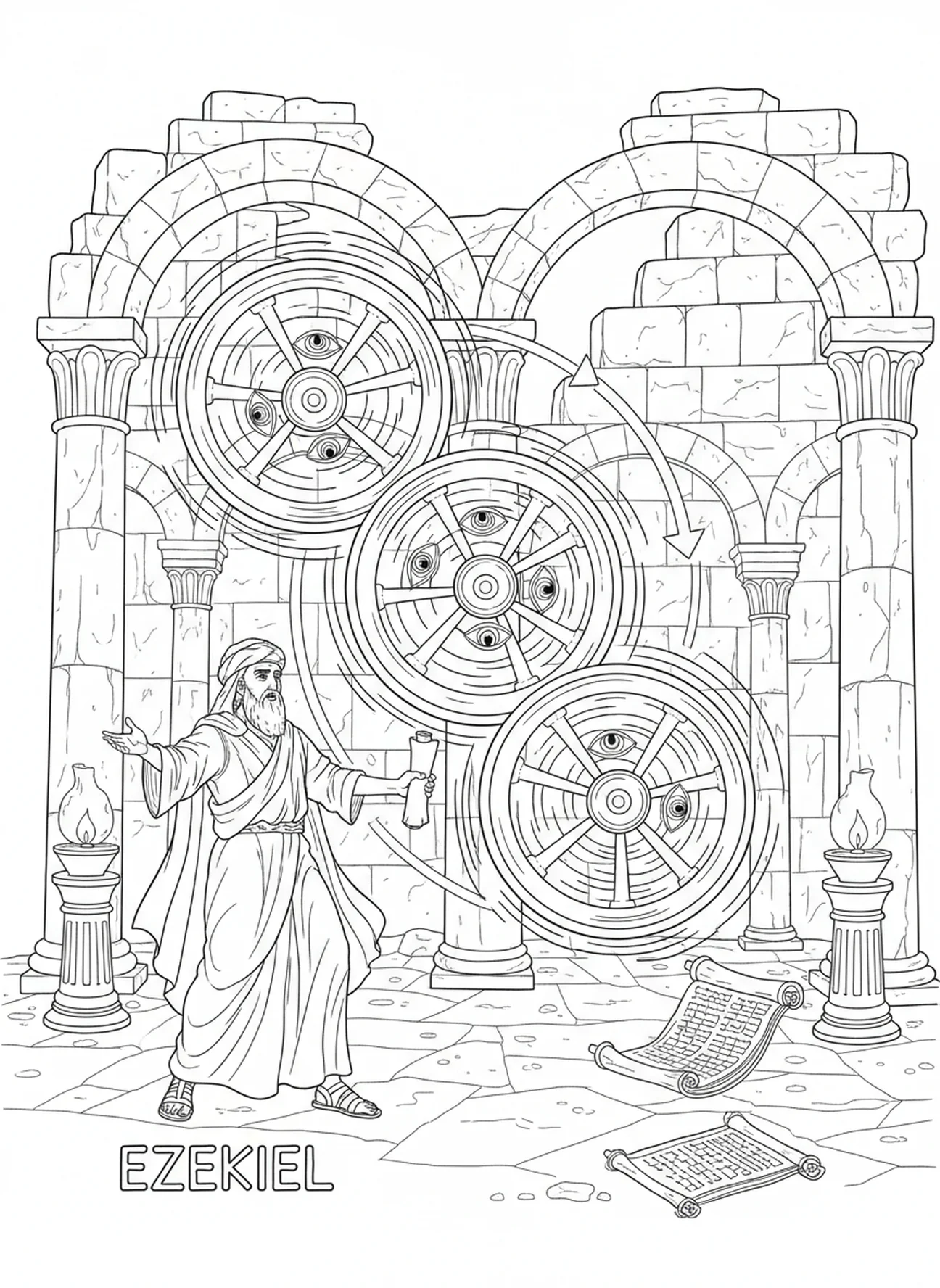 Roues en mouvement, page à colorier de la roue d'Ézéchiel pour les enfants de l'École du dimanche âgés de 5 à 12 ans.
