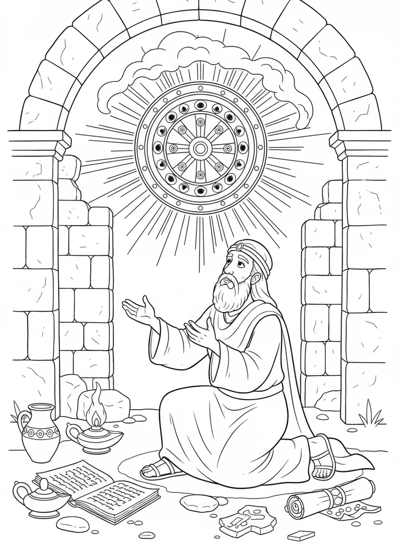 Ézéchiel recevant un message, page à colorier de la Roue d'Ézéchiel pour les enfants de l'École du dimanche âgés de 5 à 12 ans.