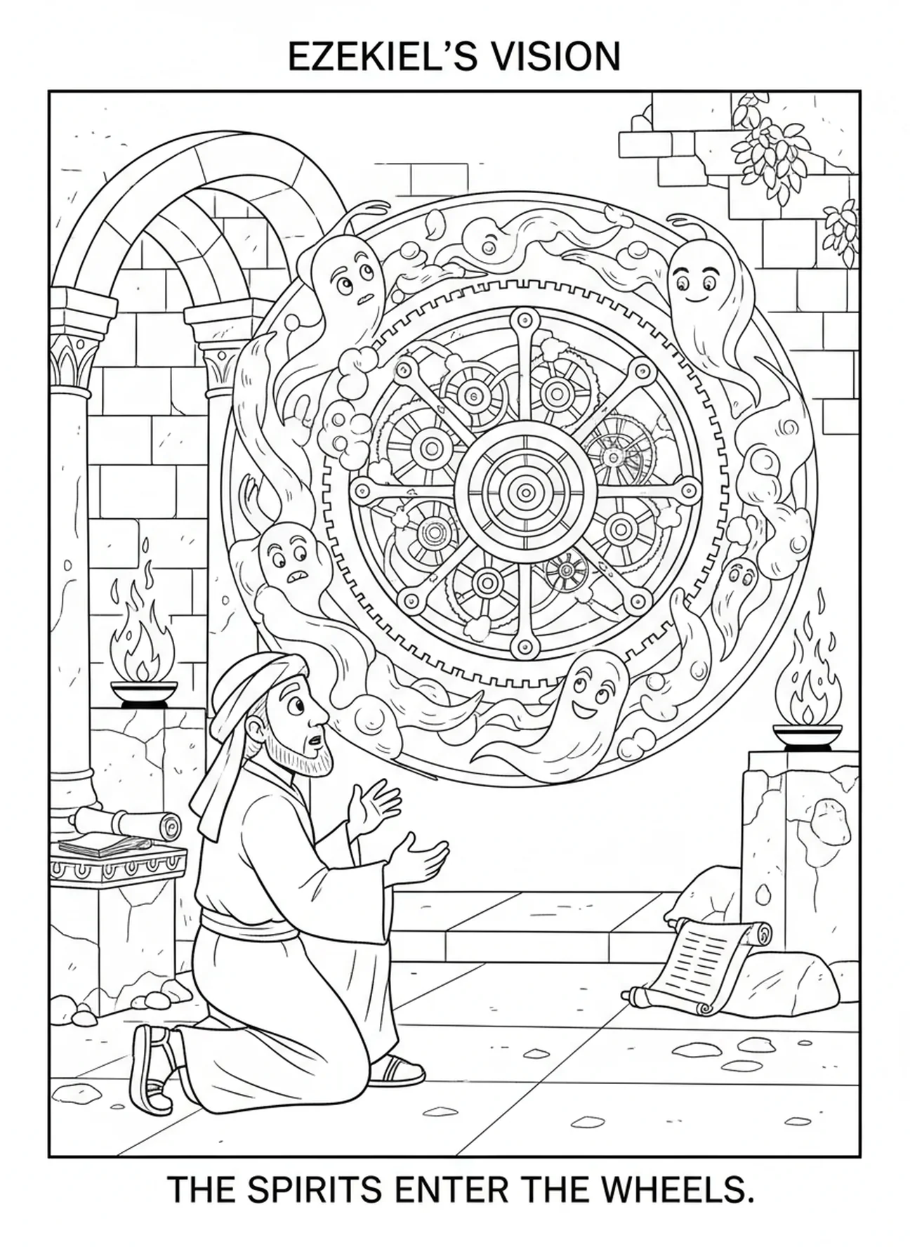 Esprits entrant dans les roues, page à colorier de la Roue d'Ézéchiel pour les enfants de l'École du dimanche âgés de 5 à 12 ans.