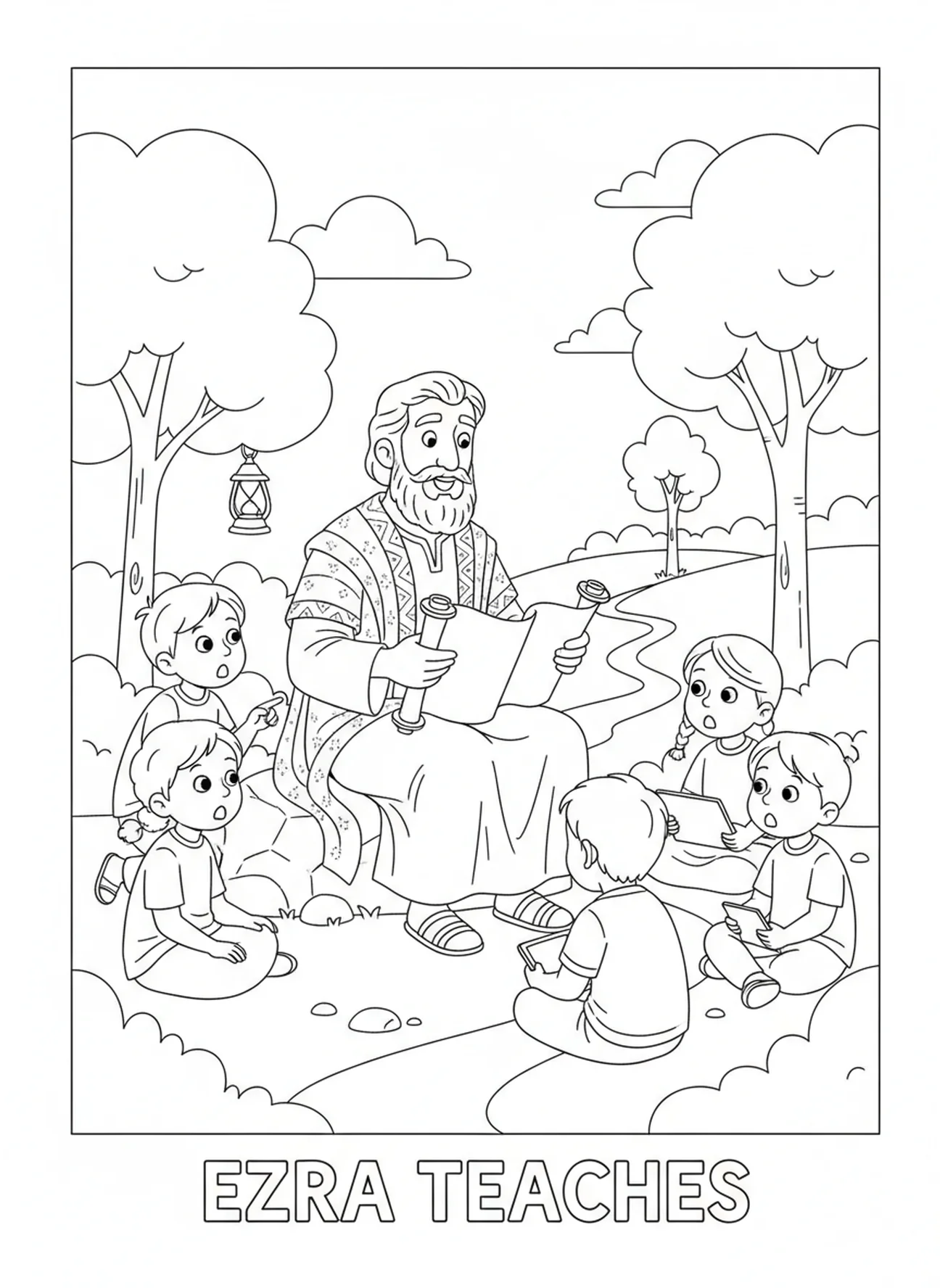 Esra mit Schriftrollen, Ausmalbild von Esra für Kinder im Alter von 5-10 Jahren