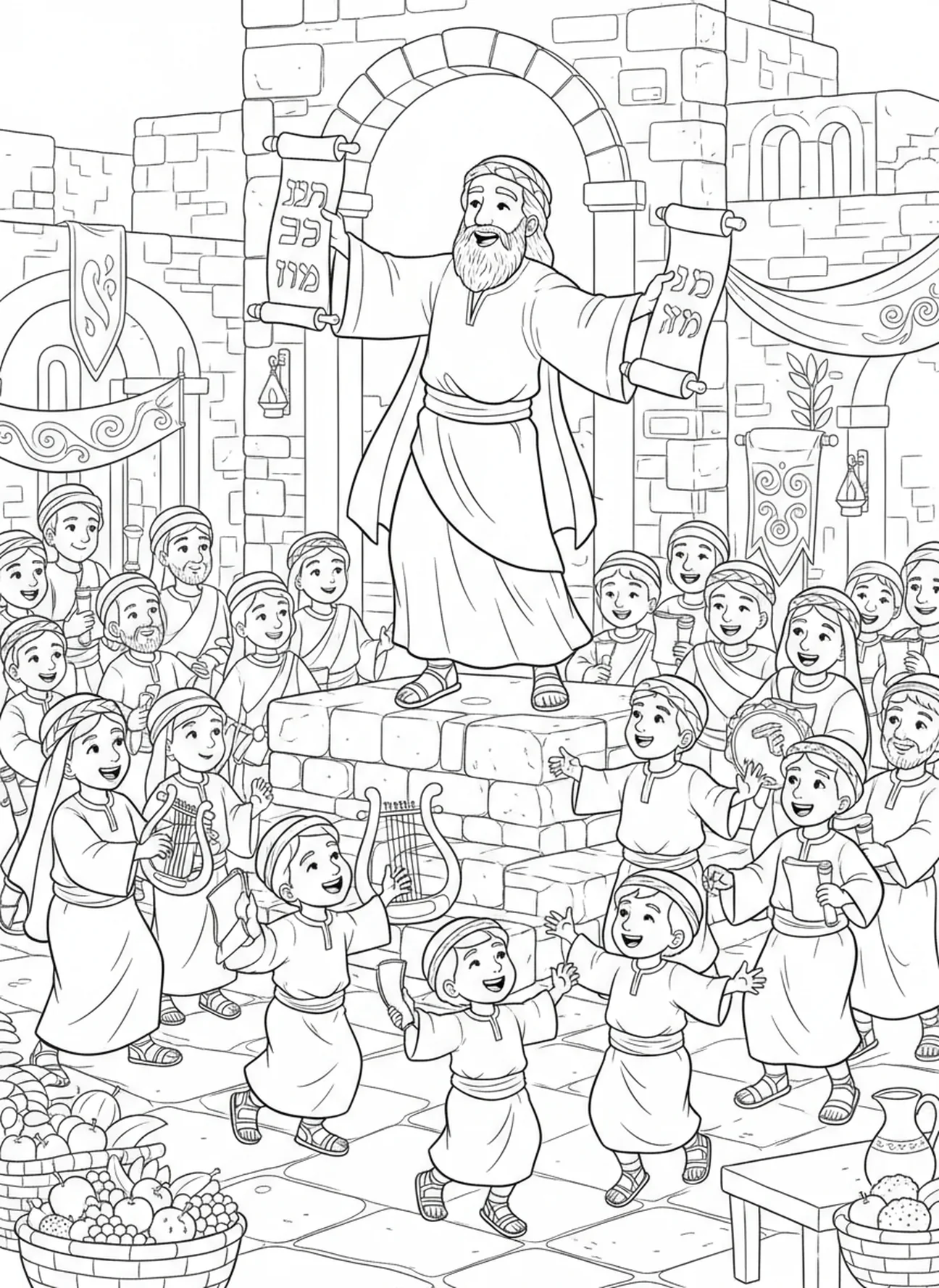 Esra feiert das Gesetz, Ausmalbild von Esra für Kinder im Religionsunterricht im Alter von 5-12 Jahren.