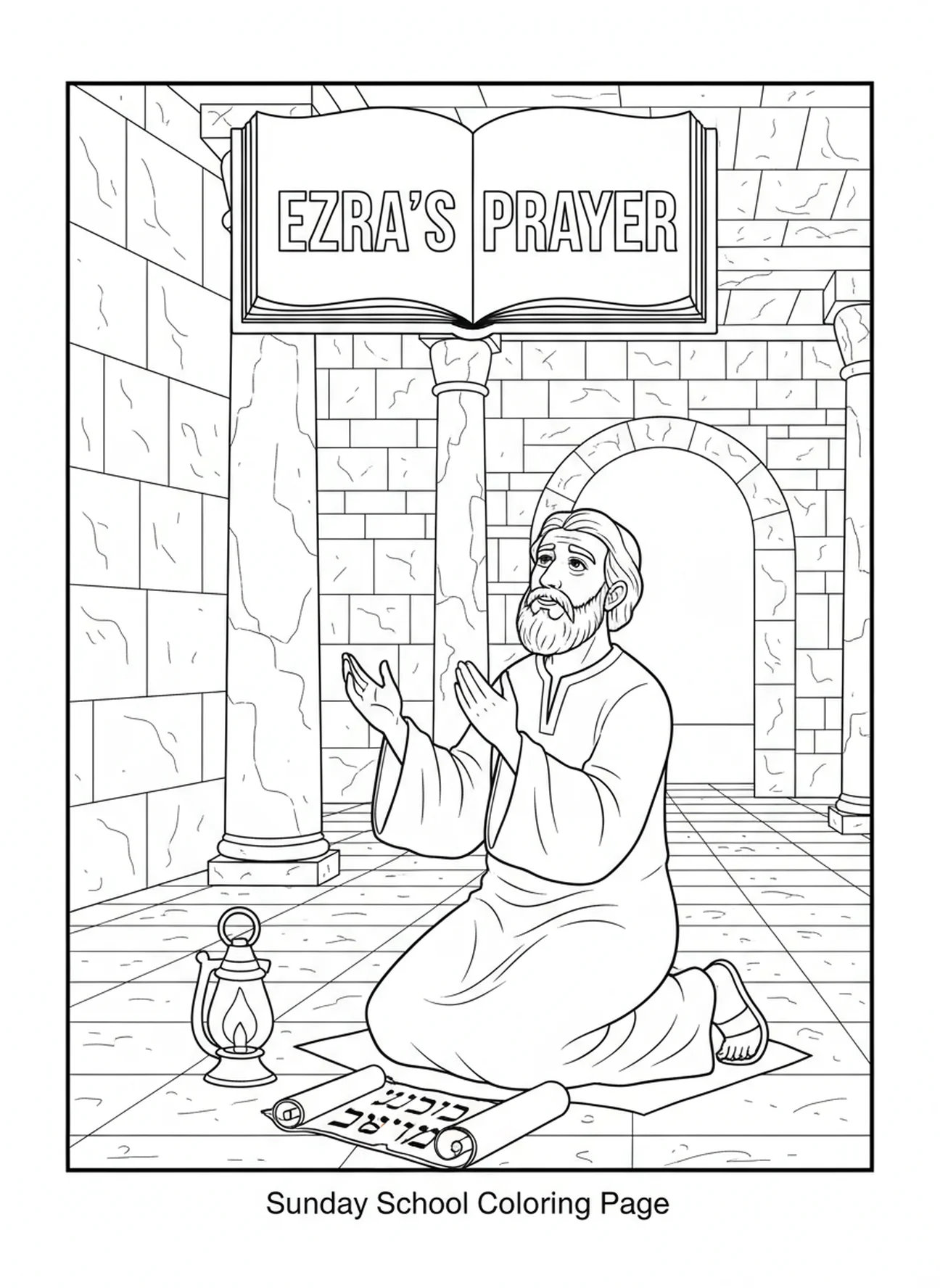 Esra betet im Tempel, Ausmalbild von Esra für Kinder der Sonntagsschule im Alter von 5-12 Jahren.