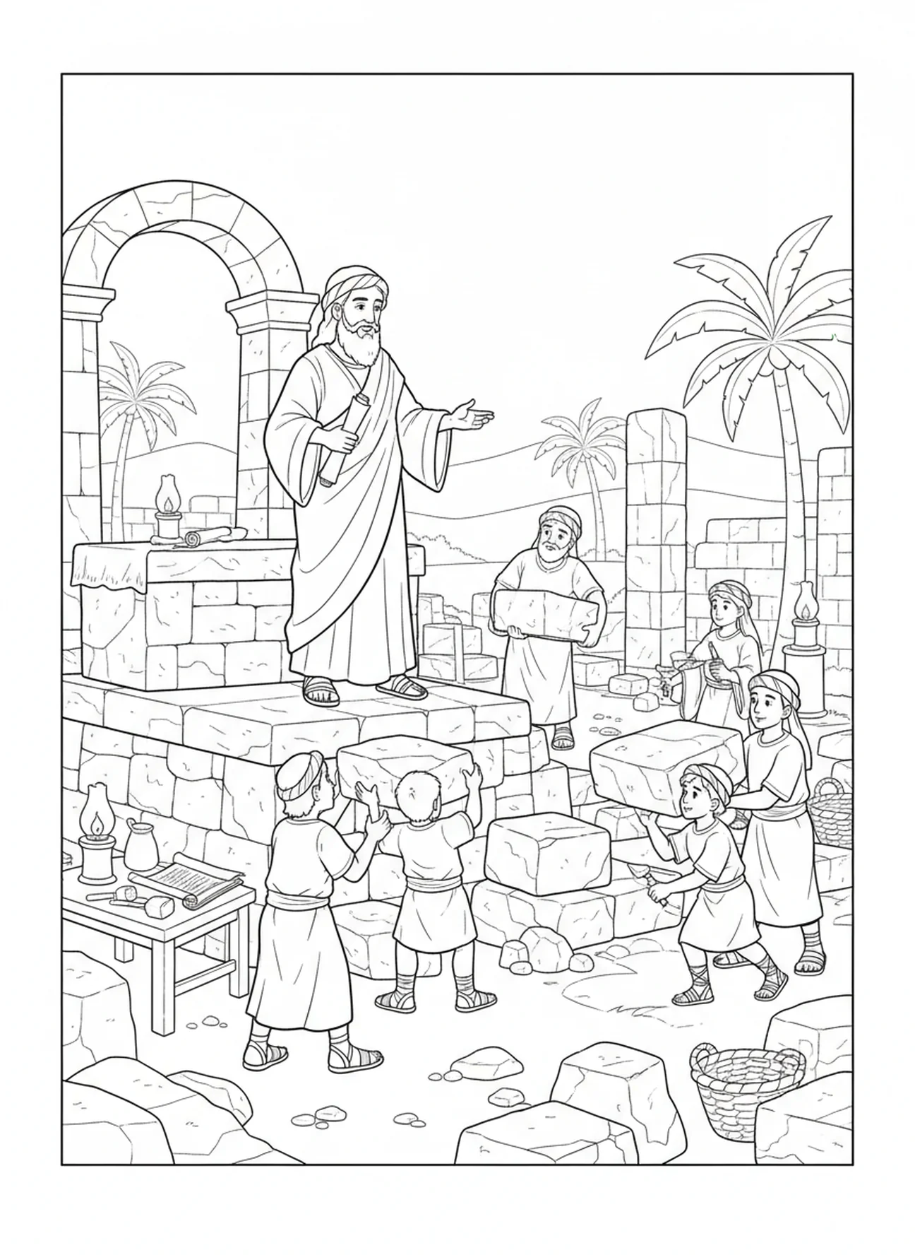 Esra beaufsichtigt den Altar, Ausmalbild von Esra für Kinder in der Sonntagsschule im Alter von 5-12 Jahren.