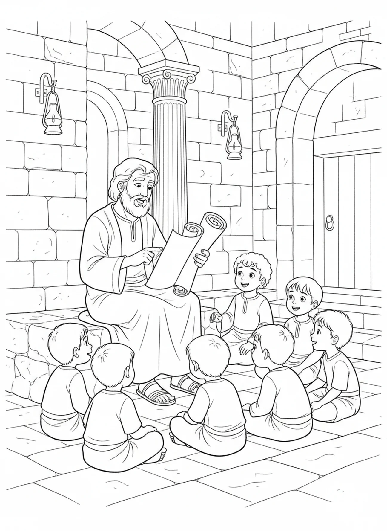 Esra lehrt Kinder, Ausmalbild von Esra für die Sonntagsschule für Kinder im Alter von 5-12 Jahren.
