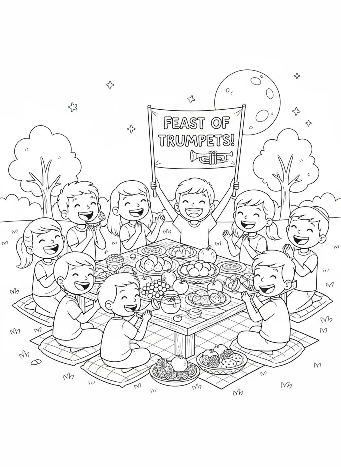 Des enfants profitant d'un pique-nique, page à colorier pour la Fête des Trompettes pour les enfants de 5 à 10 ans