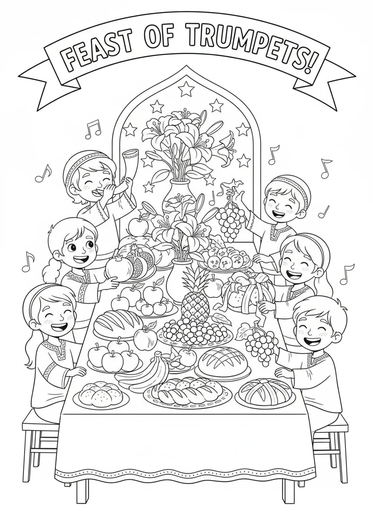 Table festive avec des fruits et des fleurs, page à colorier pour la Fête des Trompettes pour les enfants de 5 à 10 ans