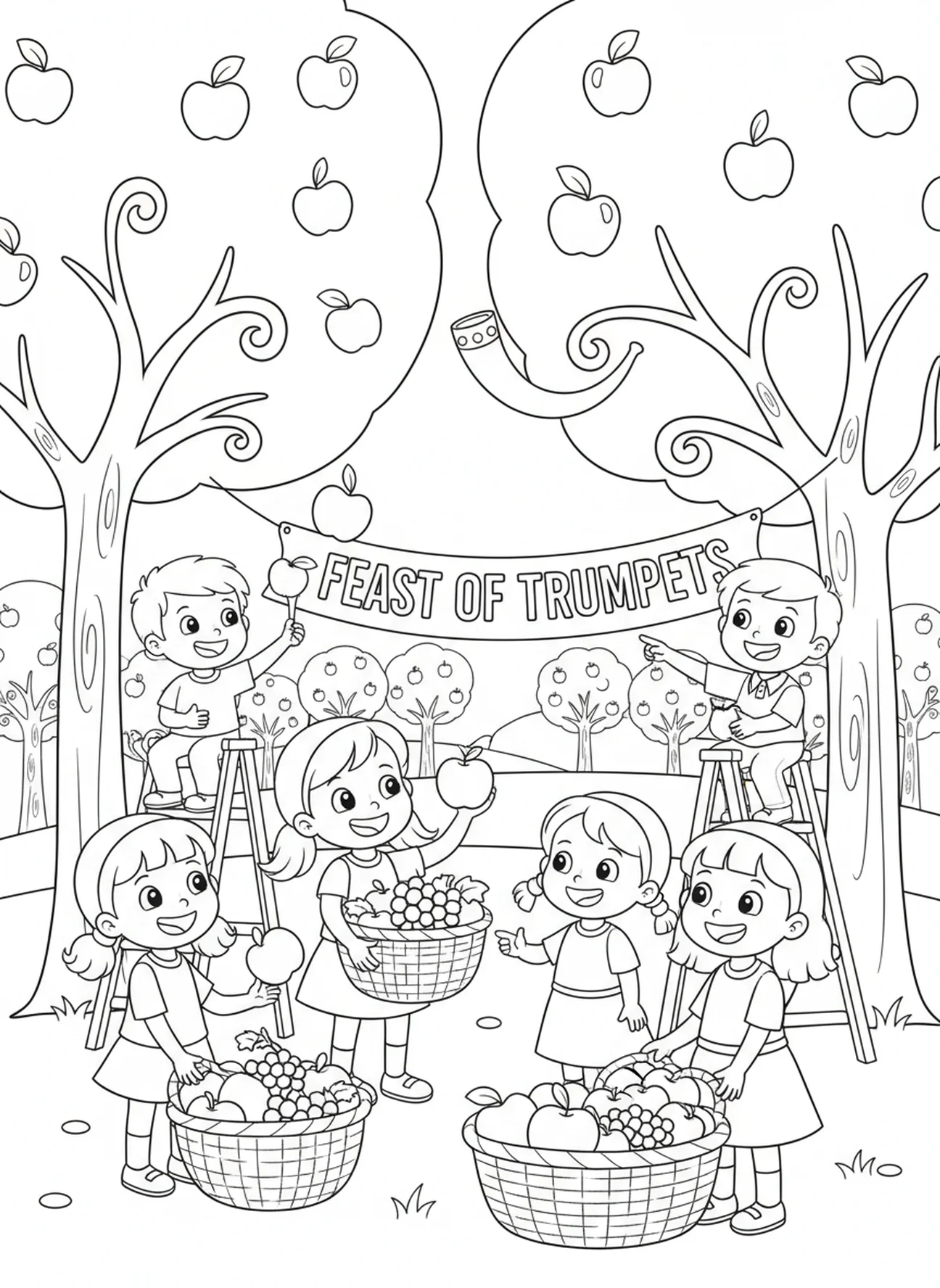 Enfants récoltant des fruits des arbres, page à colorier pour la Fête des Trompettes pour les enfants de 5 à 10 ans