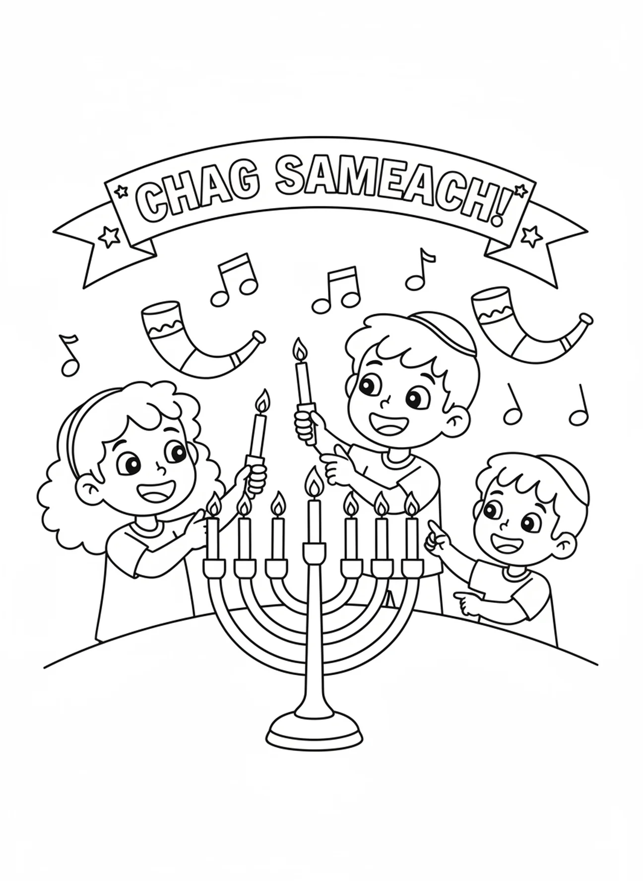 Enfants allumant des bougies de menorah, page à colorier pour la Fête des Trompettes pour les enfants de 5 à 10 ans