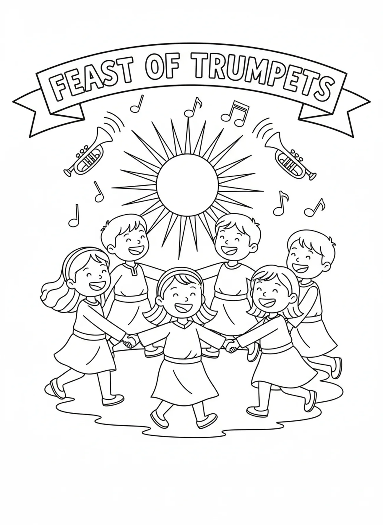 Enfants chantant et dansant en cercle, page à colorier pour la Fête des Trompettes pour les enfants de 5 à 10 ans