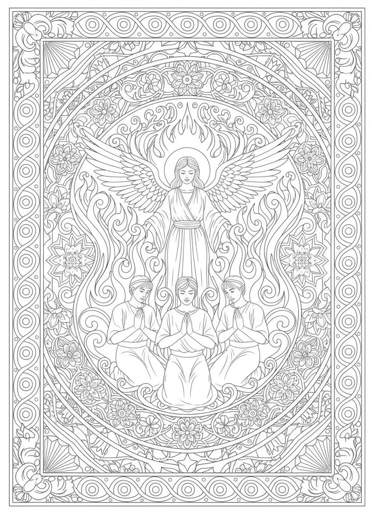 Engel in den Flammen, Ausmalbild vom feurigen Ofen für Erwachsene im Bibel-Journaling-Stil