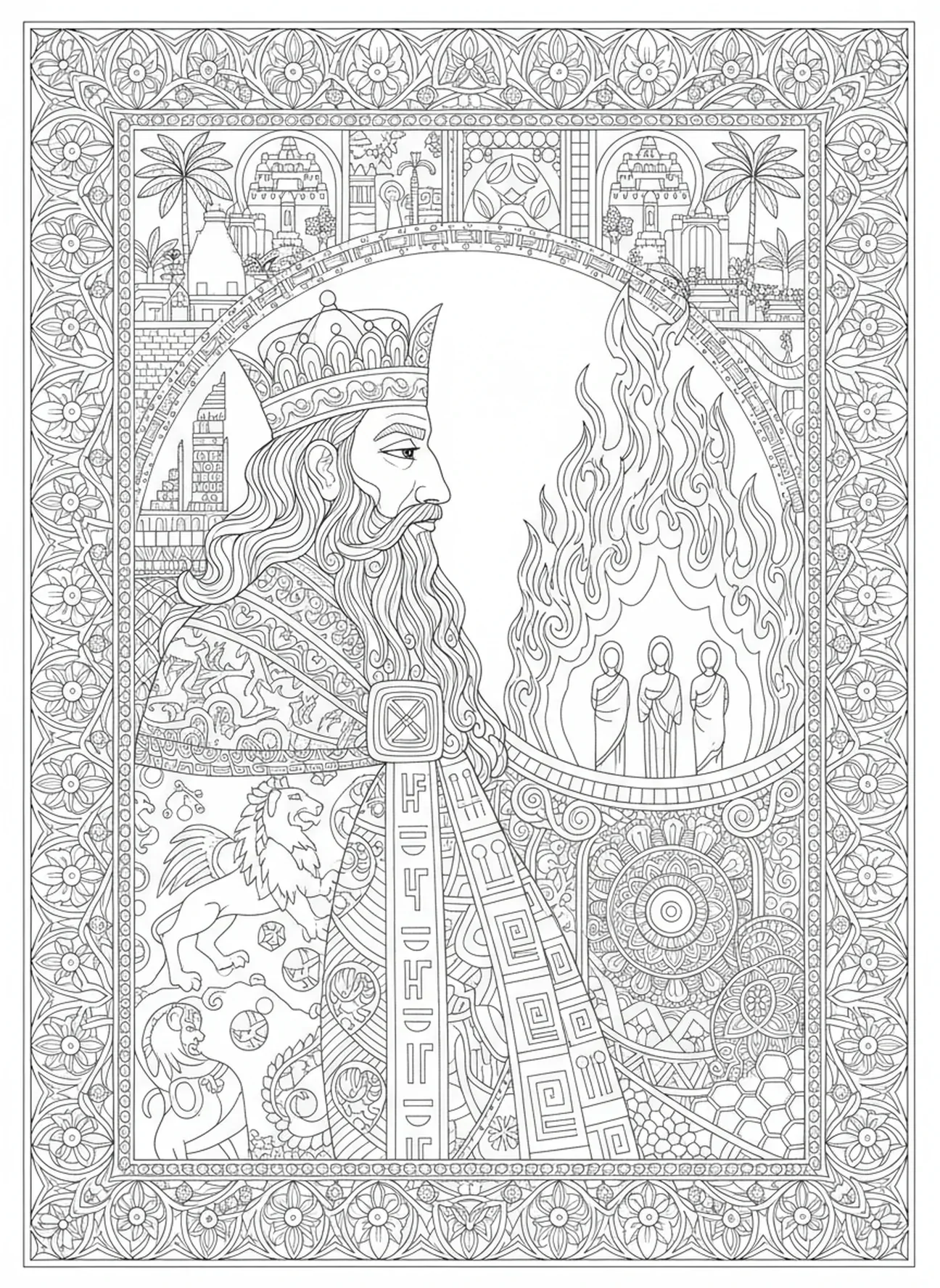 König Nebukadnezar, Farbseite zum glühenden Feuer für Erwachsene im Bibel-Journaling-Stil