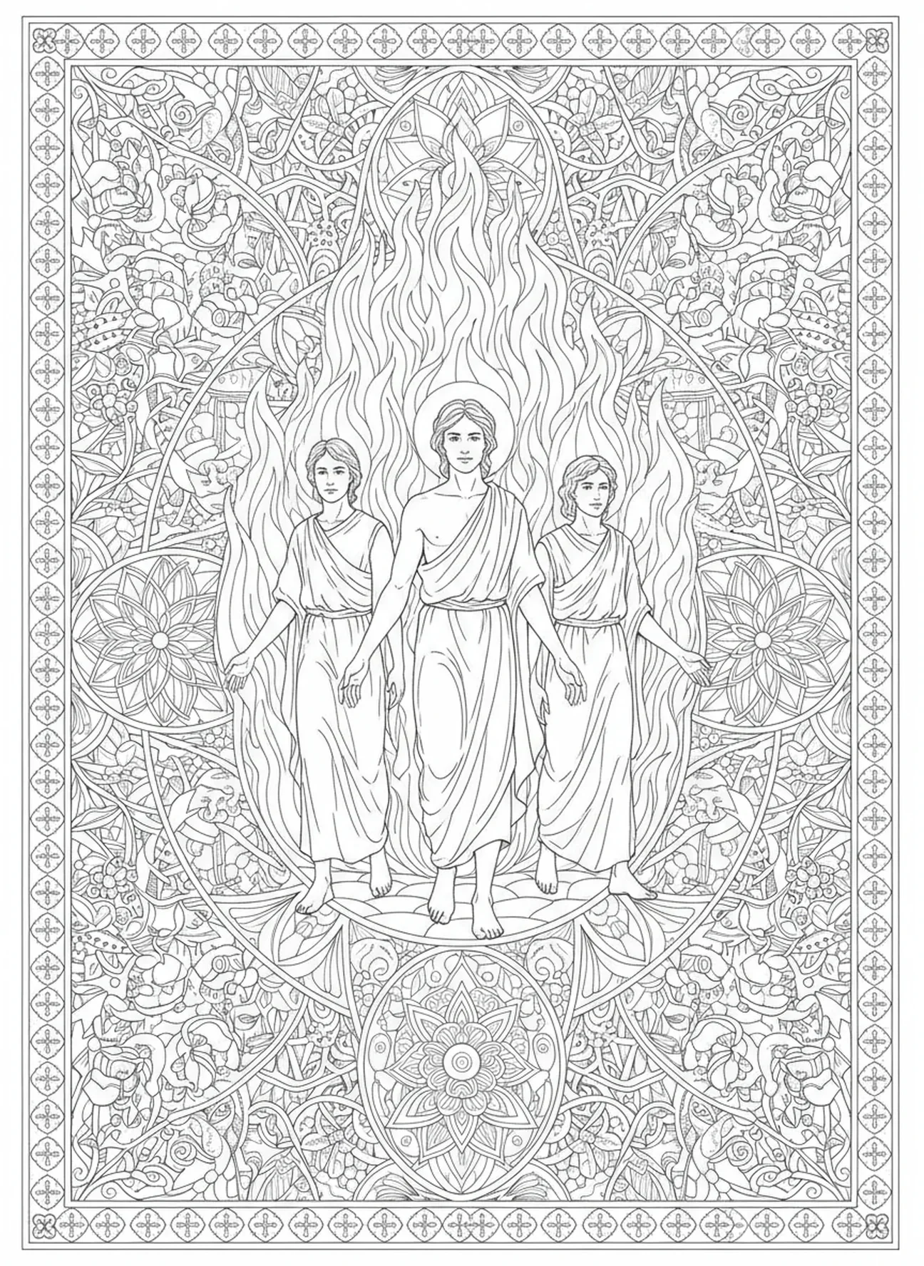 Drei junge Männer treten hervor, Ausmalbild Fiery Furnace im Stil des Bibel-Journaling für Erwachsene