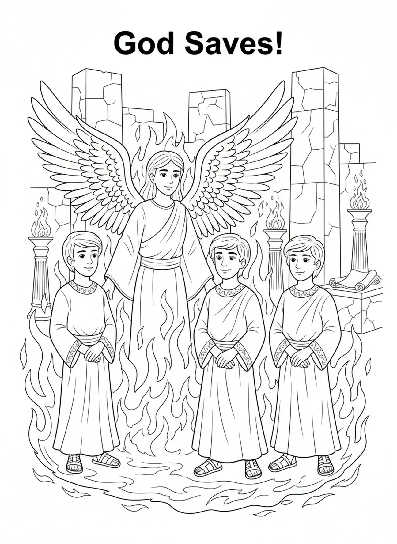 Ange dans les flammes, page à colorier de la Fournaise ardente pour les enfants de l'École du dimanche âgés de 5 à 12 ans