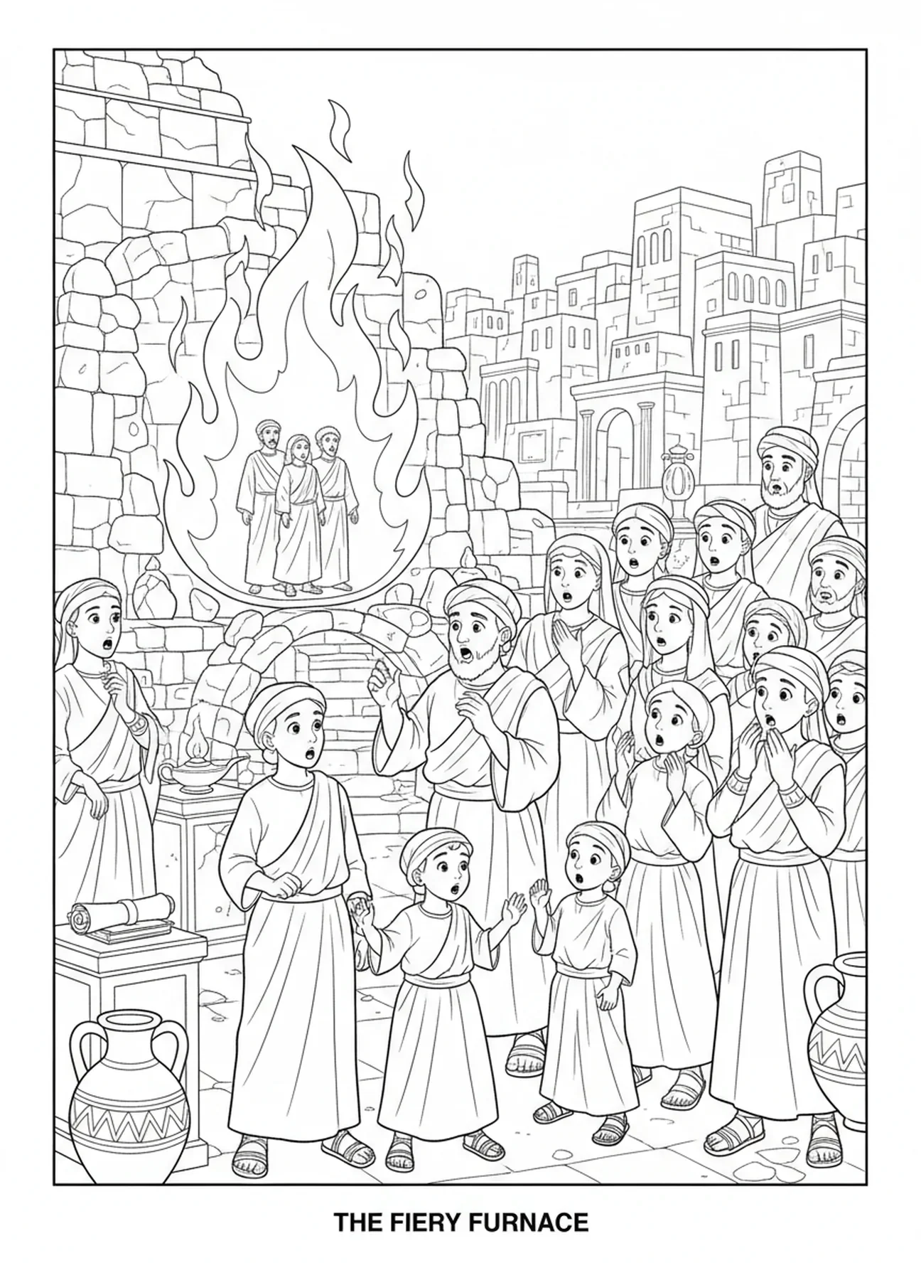 Foule de personnes, page à colorier de la fournaise ardente pour les enfants de l'École du dimanche âgés de 5 à 12 ans