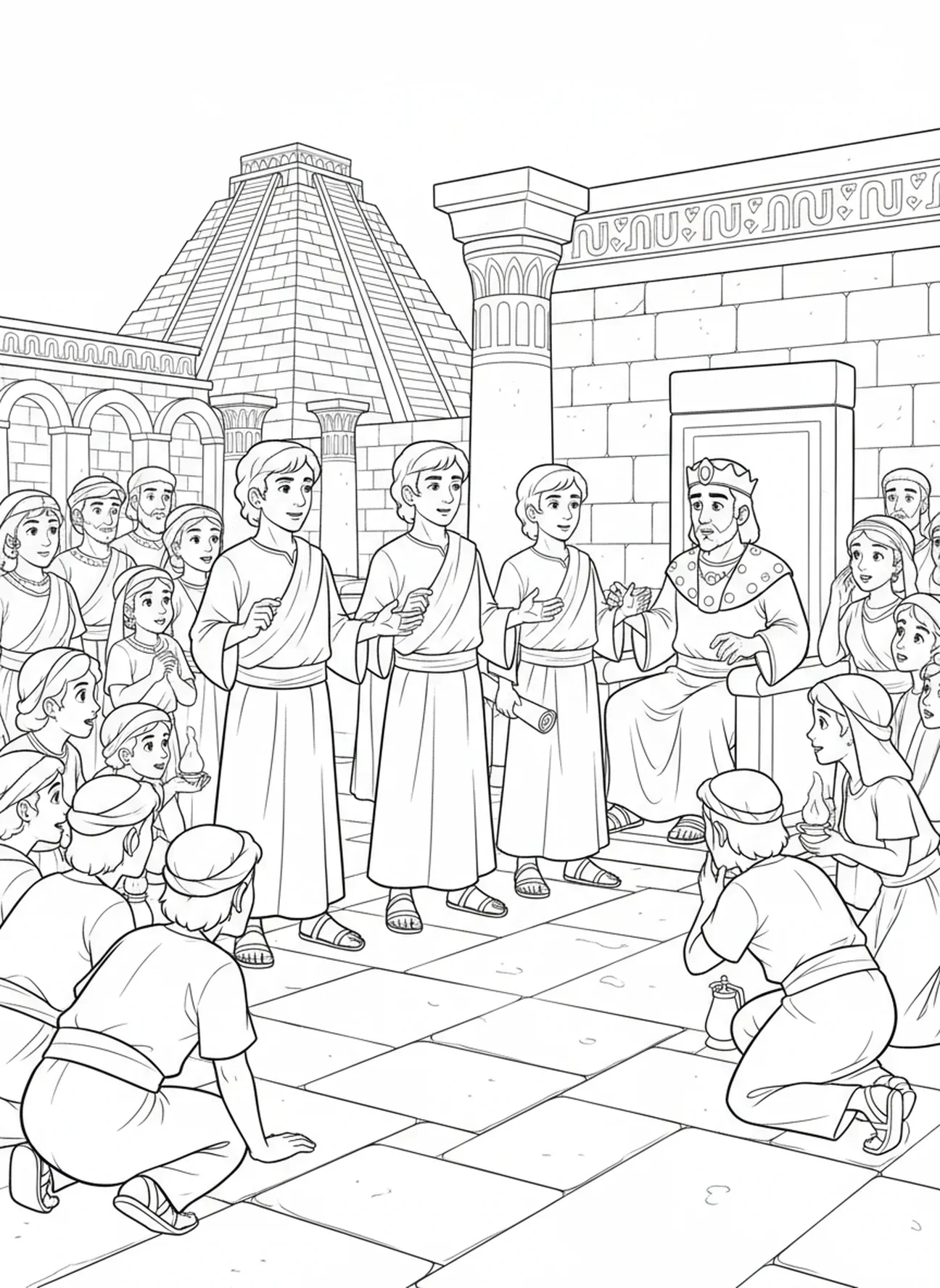 Jeunes hommes proclamant leur foi, page à colorier de la Fournaise ardente pour les enfants de l'École du dimanche âgés de 5 à 12 ans