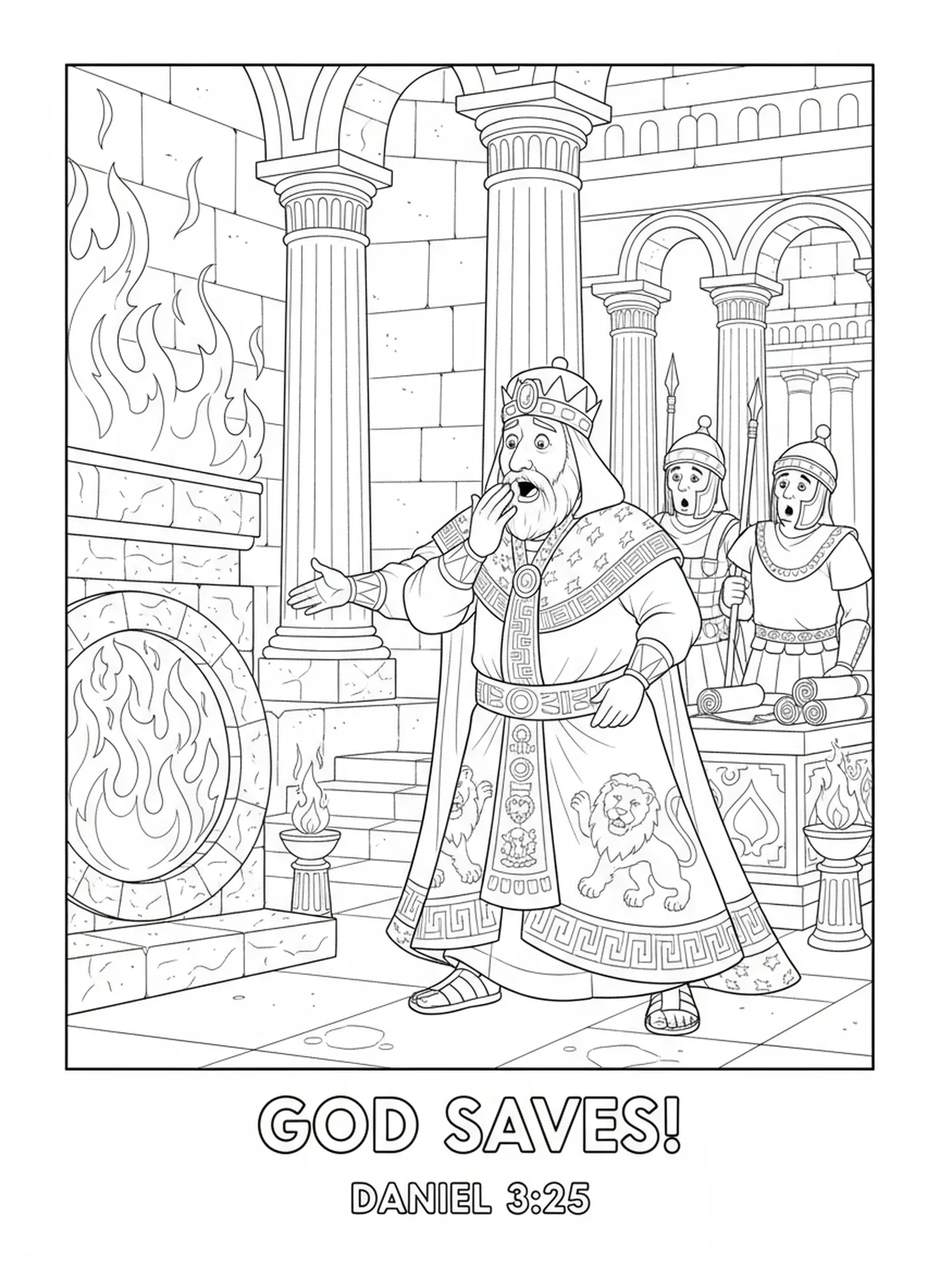 Page à colorier du roi Nebucadnetsar et de la fournaise ardente pour les enfants de l'École du dimanche âgés de 5 à 12 ans