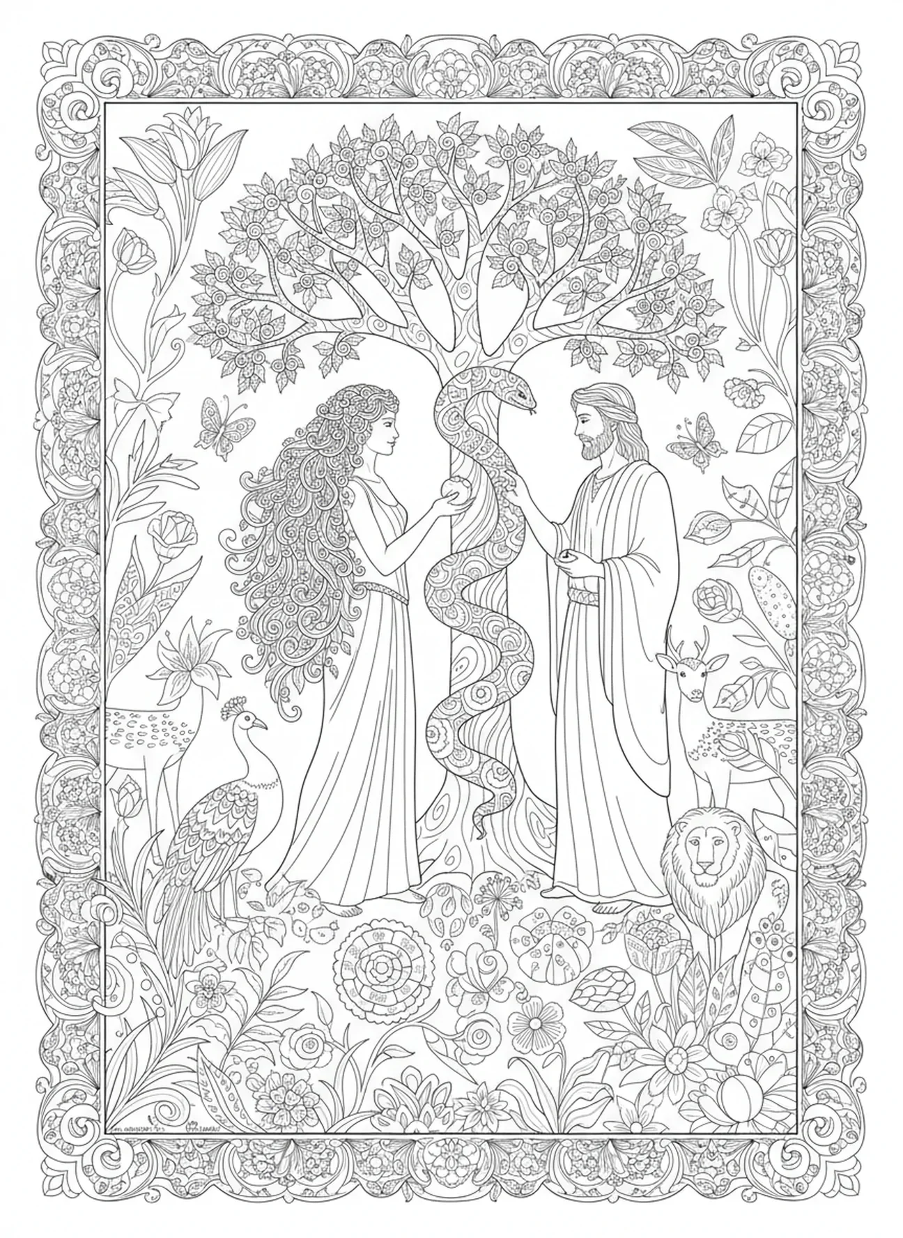A tentação de Adão e Eva, página para colorir do Jardim do Éden no estilo de journaling bíblico para adultos.