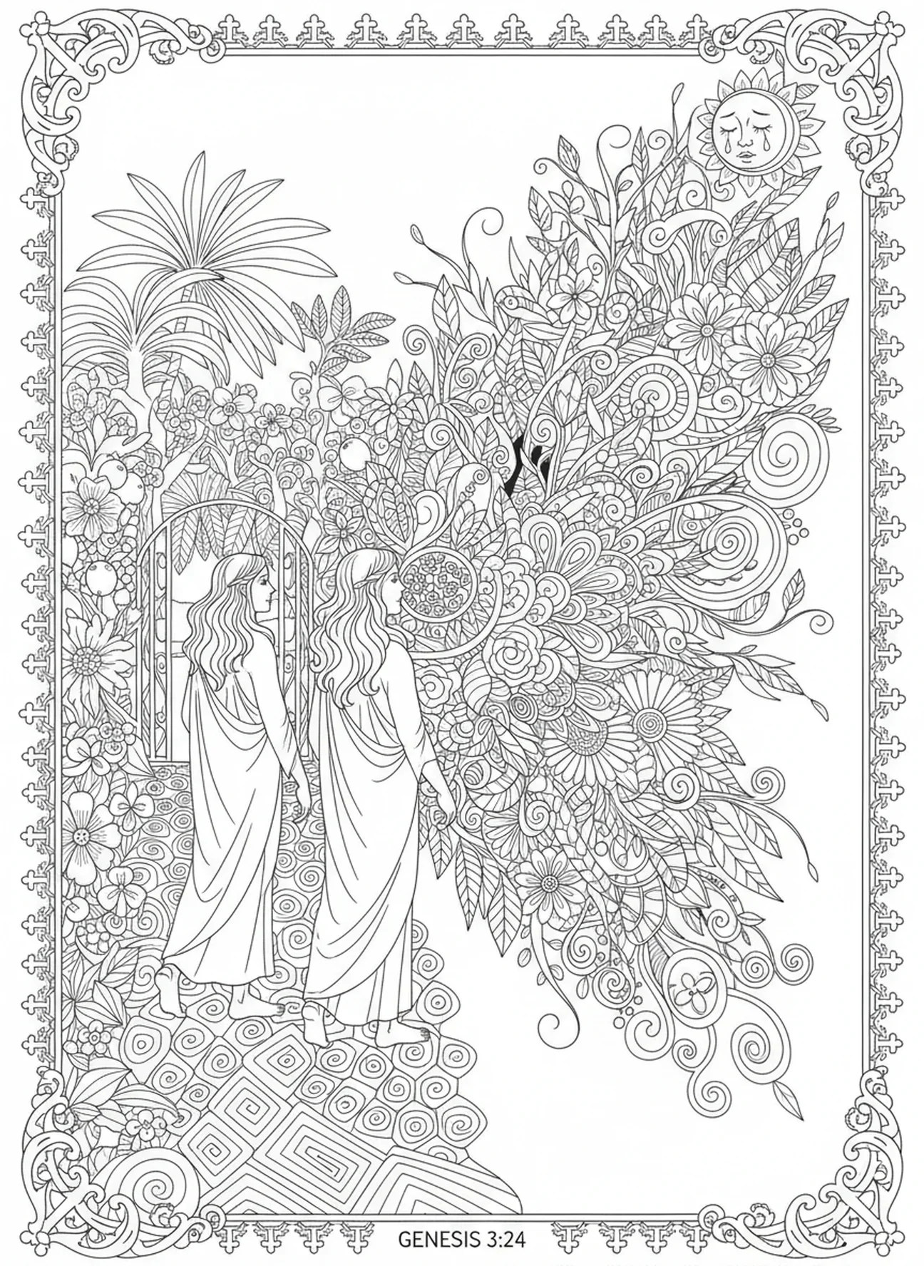 Adão e Eva deixando o Jardim, página de colorir do Jardim do Éden no estilo de journaling bíblico para adultos.