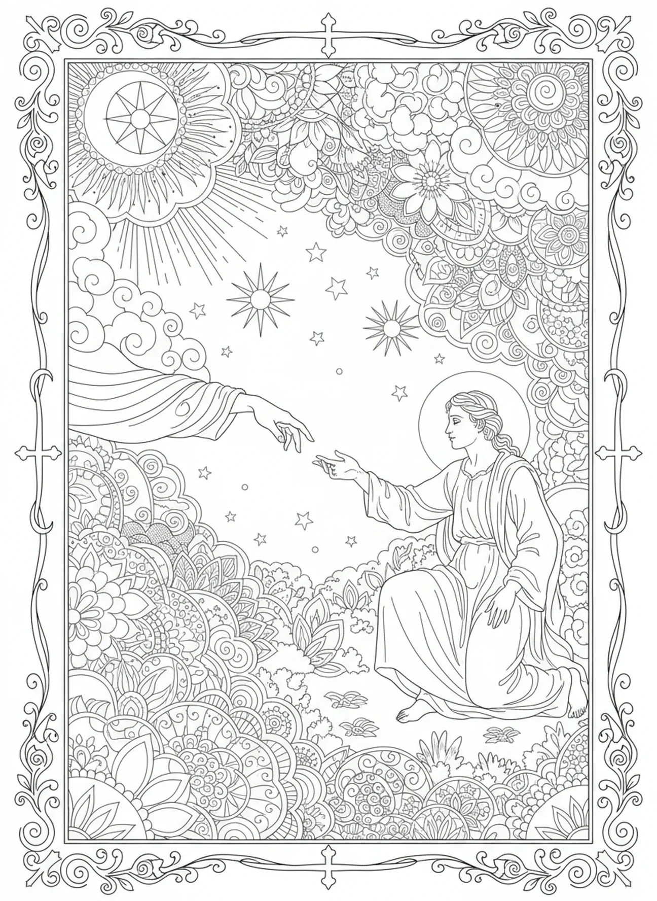 Deus estendendo a mão para Adão, página para colorir do Jardim do Éden no estilo de journaling bíblico para adultos.