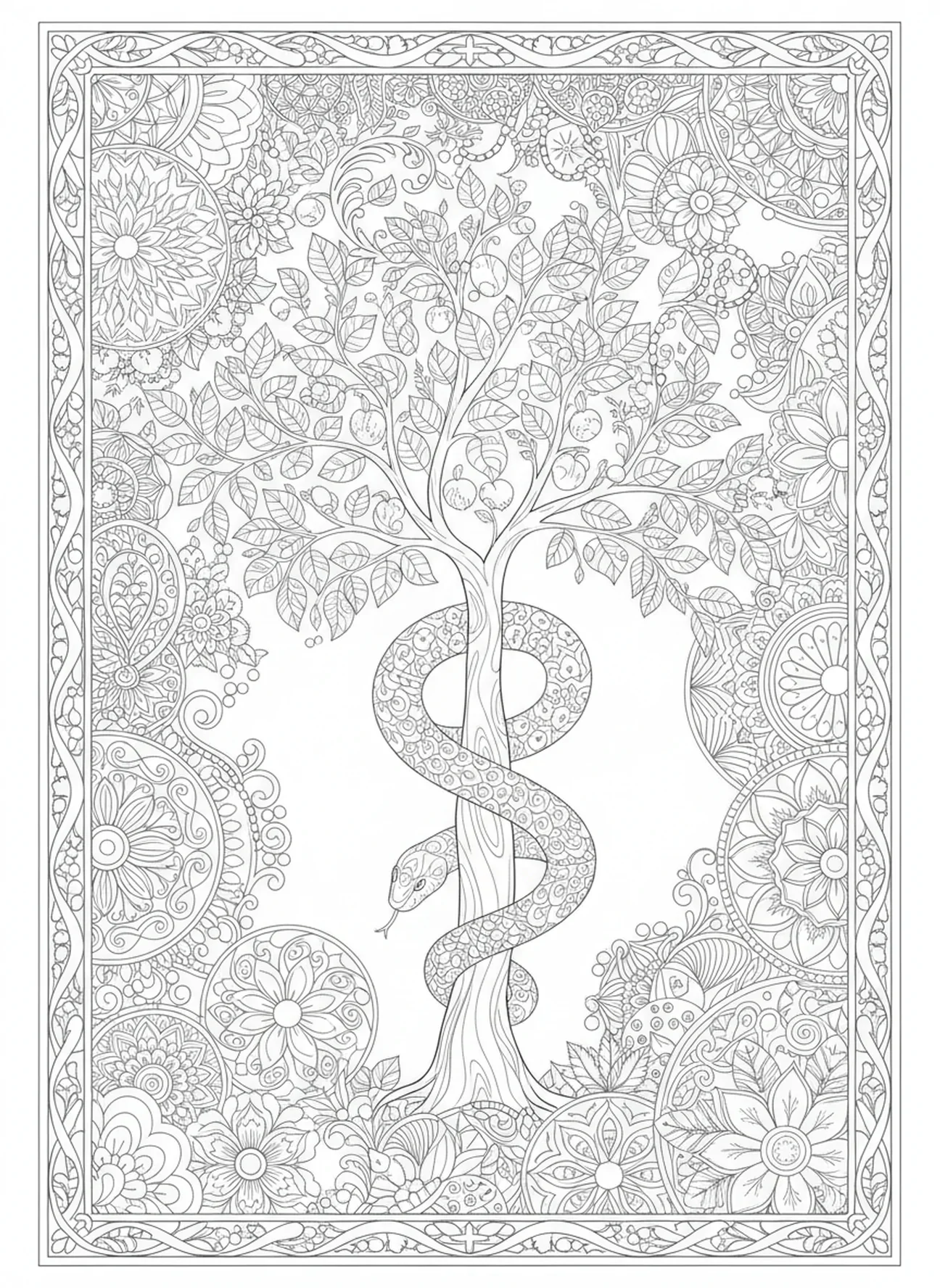 Serpente enrolada, página para colorir do Jardim do Éden no estilo de journaling bíblico para adultos.