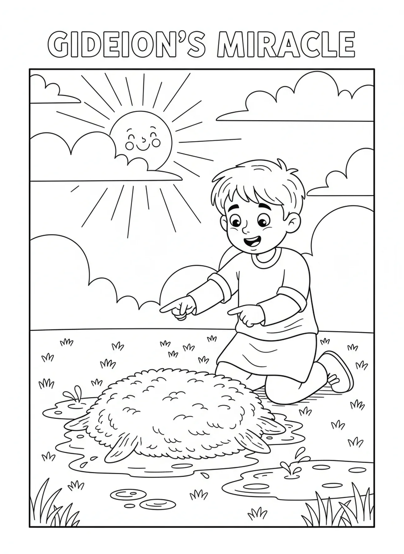 Gedeón observando un vellón seco, página para colorear de Gedeón para niños de 5 a 10 años.