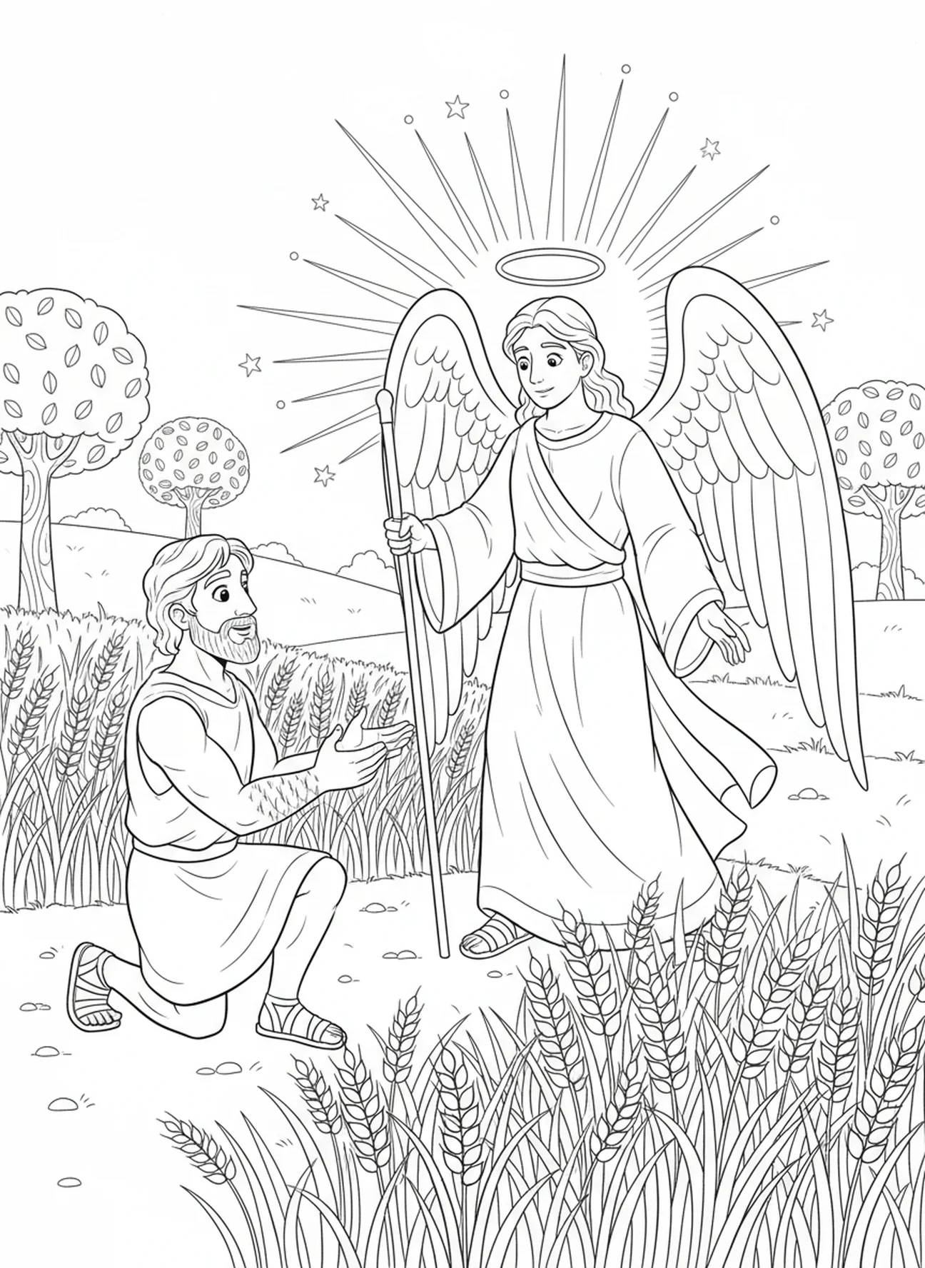 Gideón encontrándose con un ángel, página para colorear de Gideón y el vellón para niños de 5 a 10 años.