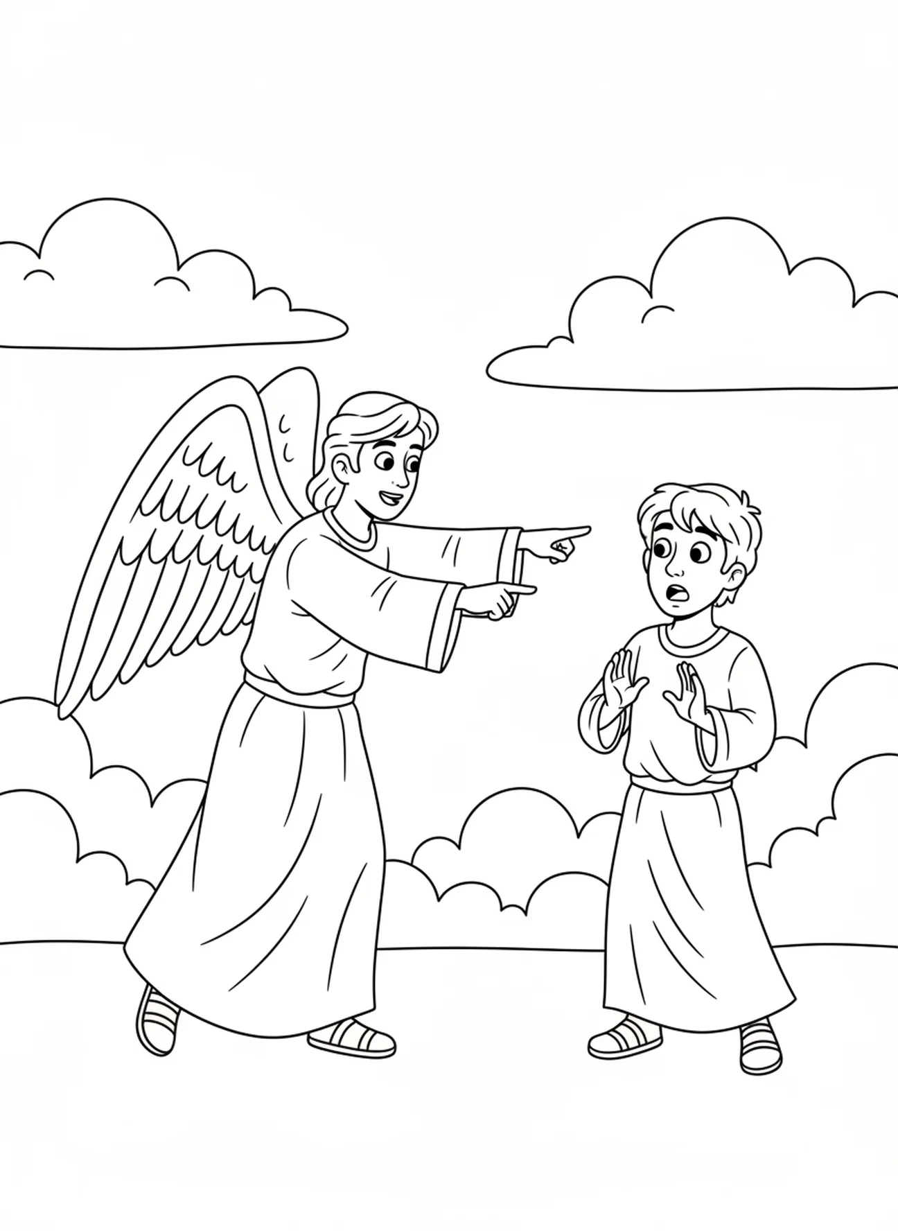 Ángel señalando a Gedeón, página para colorear de Gedeón y el vellón para niños de 5 a 10 años.