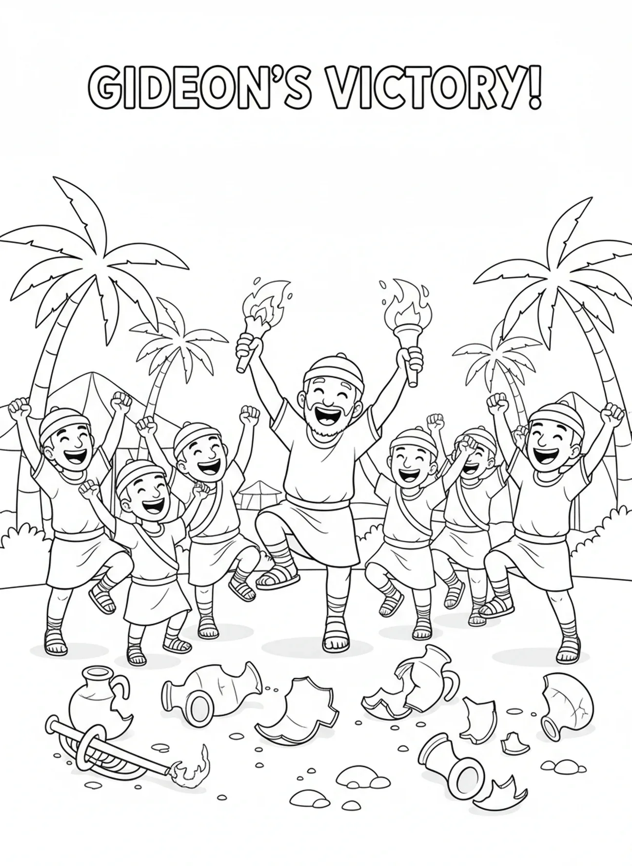 Gideão e soldados celebrando, página para colorir sobre Gideão, trombetas e jarros quebrados para crianças de 5 a 10 anos.