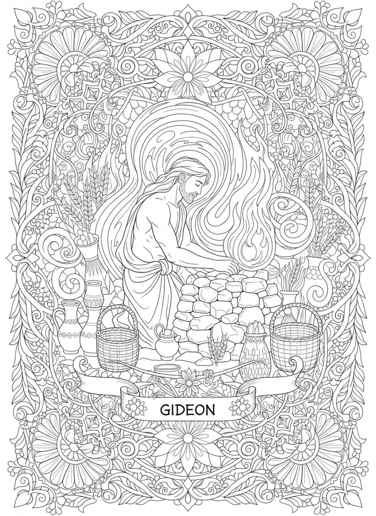 Gideão construindo um altar, página de colorir do Gideão para adultos no estilo de journaling bíblico.