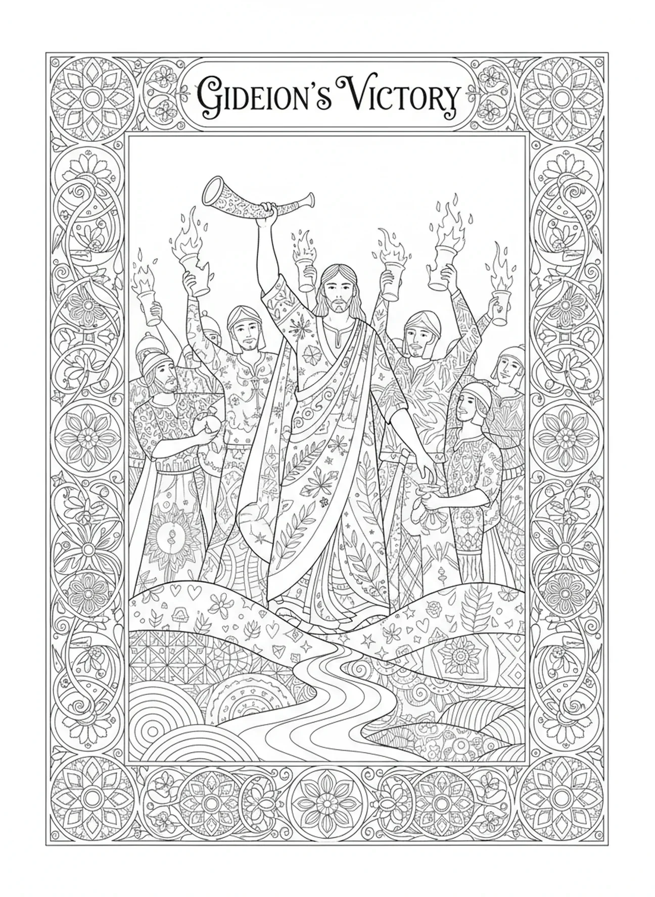 Gideão celebrando a vitória, página para colorir do Gideão no estilo de journaling bíblico para adultos.