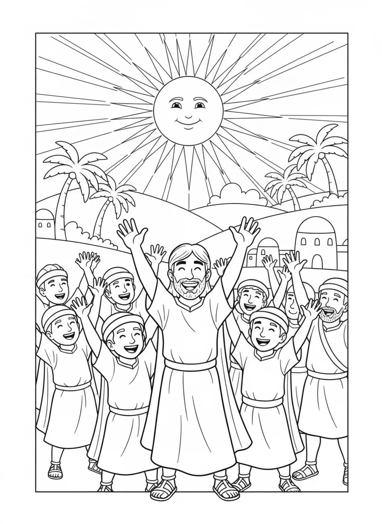 Gideão celebrando a vitória com soldados, página de colorir do Gideão para crianças de 5 a 10 anos.
